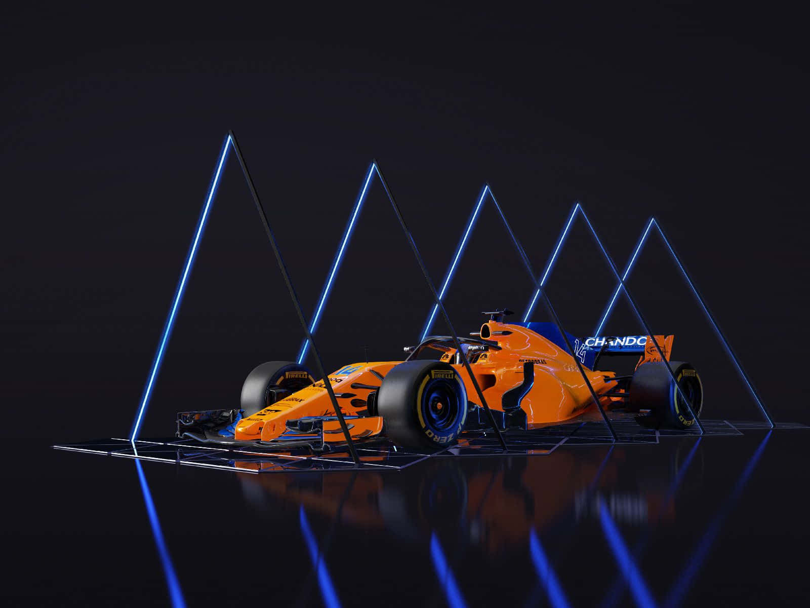 McLaren F1, vibrant orange, blue neon triangular lights, HD Desktop Wallpaper