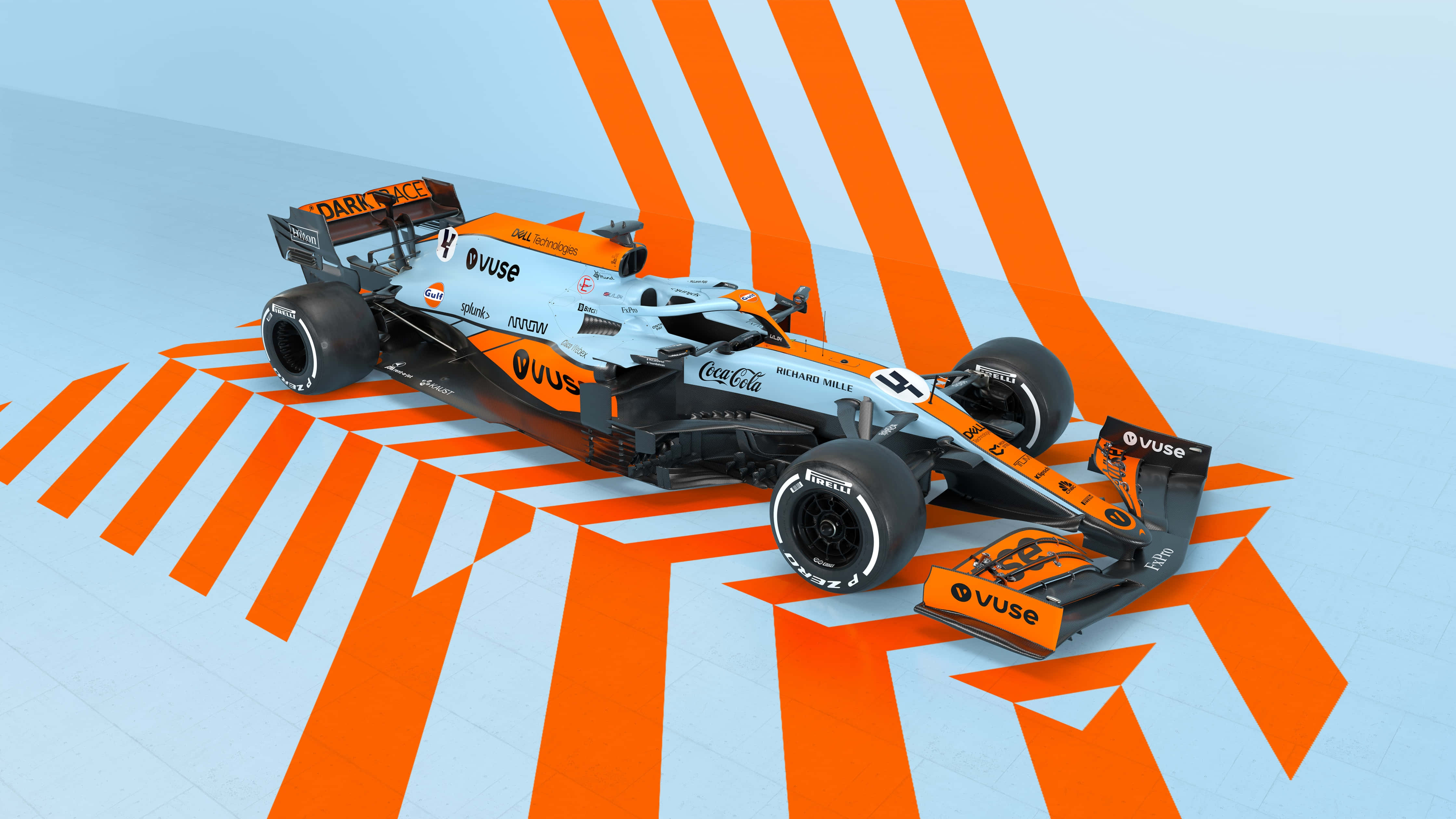 McLaren Formula 1, orange and light blue livery, bold orange and light blue striped floor, 4K Desktop Wallpaper