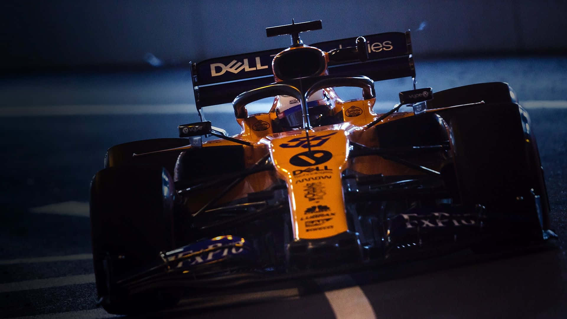 McLaren Formula 1, orange and black livery, night, Full HD Desktop Wallpaper