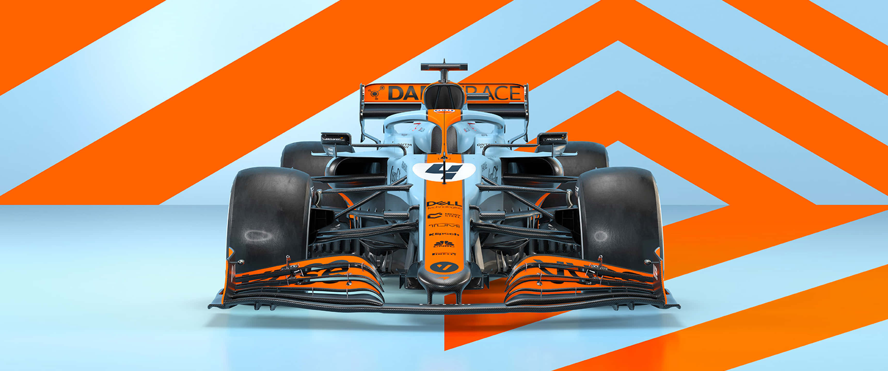 McLaren Formula 1, orange and light blue livery, chevron background, 2K Desktop Wallpaper