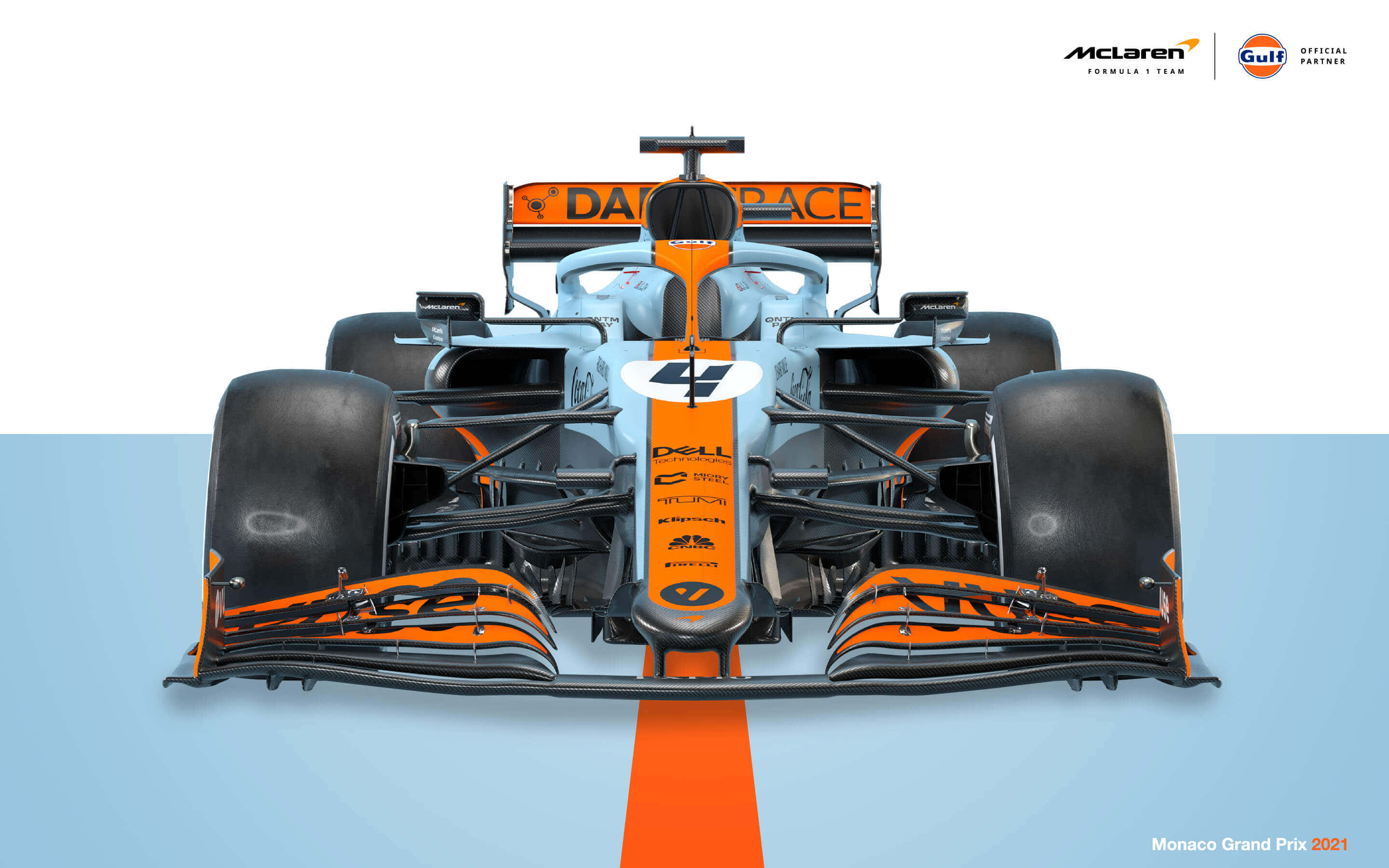 McLaren Formula 1, orange and light blue livery, blue and white background, 2K Desktop Wallpaper