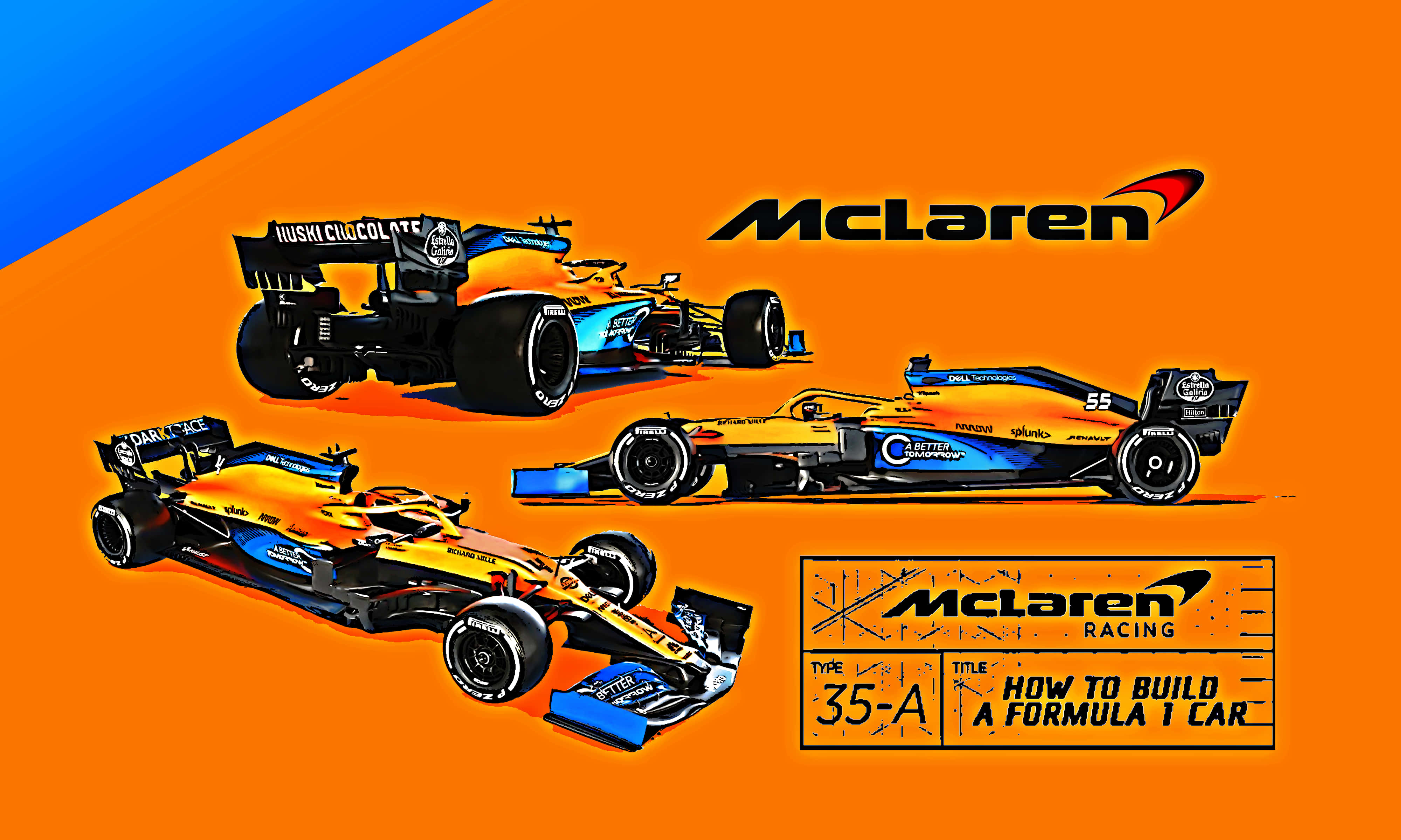 McLaren Formula 1, vibrant orange, blue, 4K Desktop Wallpaper