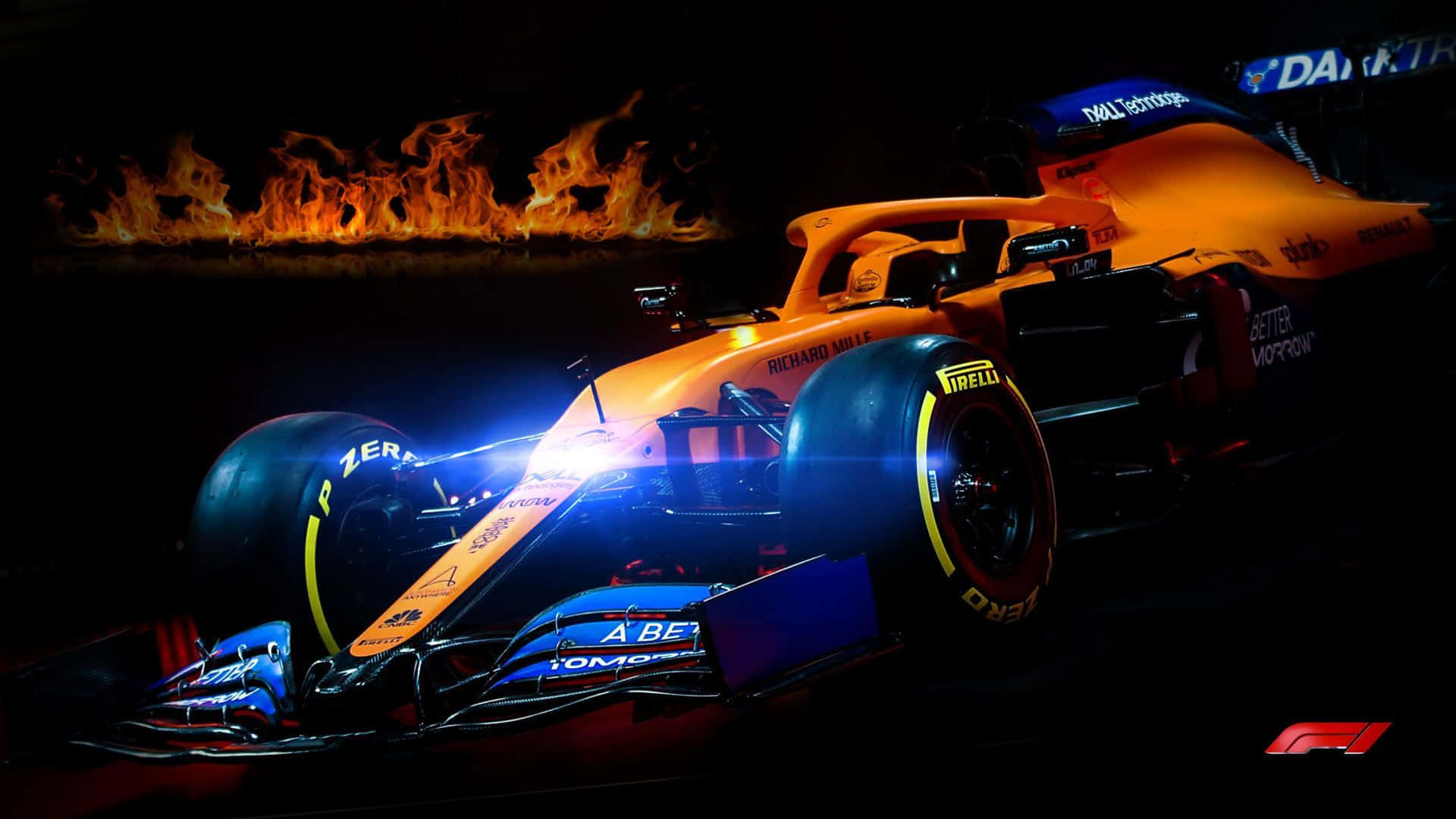 Mclaren Formula 1, fiery orange, dramatic blue lights, Full HD Desktop Wallpaper