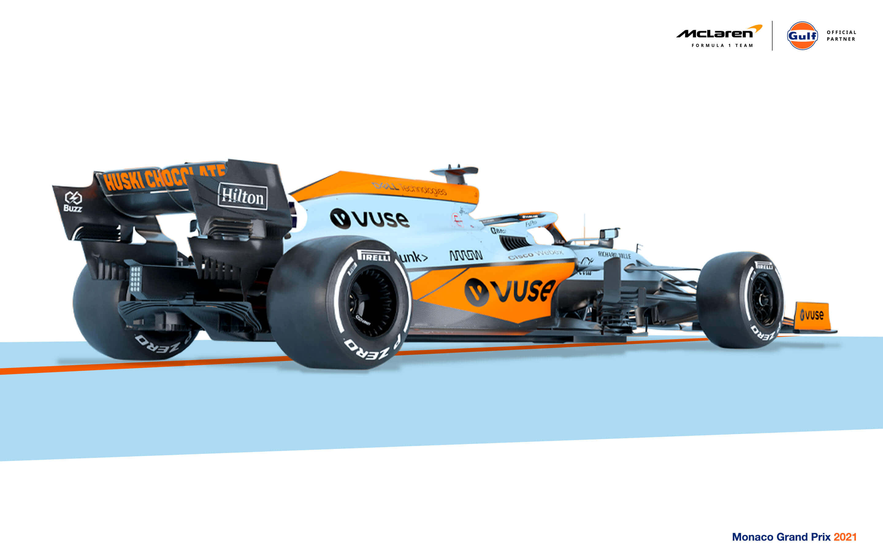 McLaren Formula 1, light blue and orange livery, sponsor logos, 2K Desktop Wallpaper
