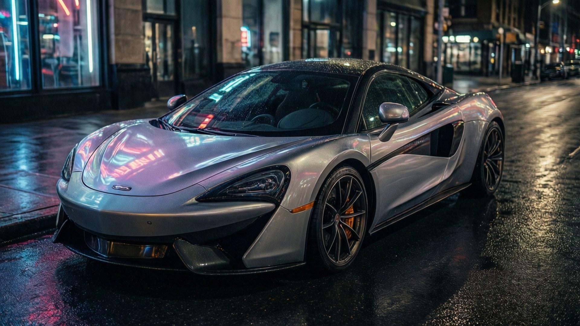 McLaren GT, neon lights, wet city street, Full HD Desktop Wallpaper