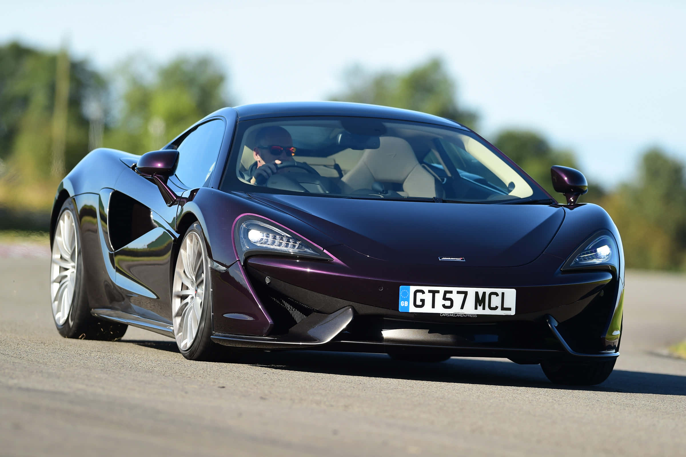 McLaren GT, purple, sunlit road, Full HD Desktop Wallpaper