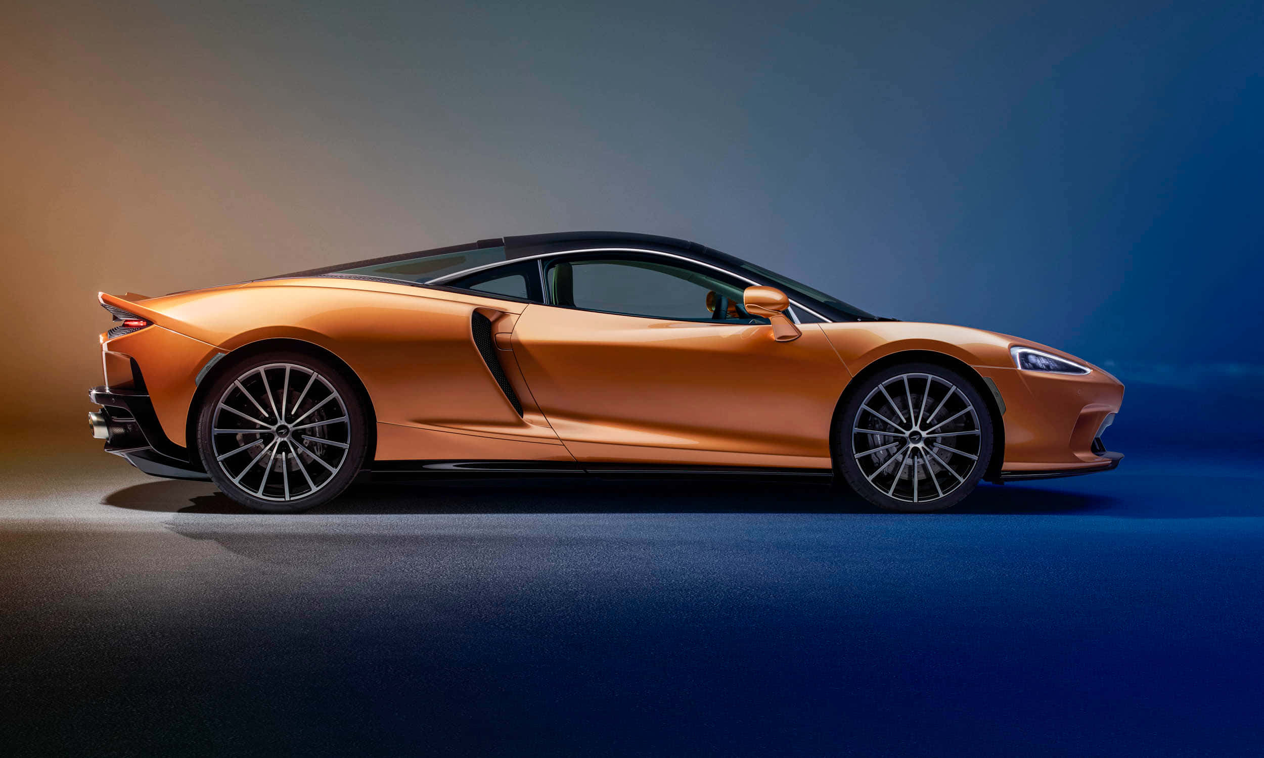 McLaren GT, copper, gradient blue and amber, Full HD Desktop Wallpaper