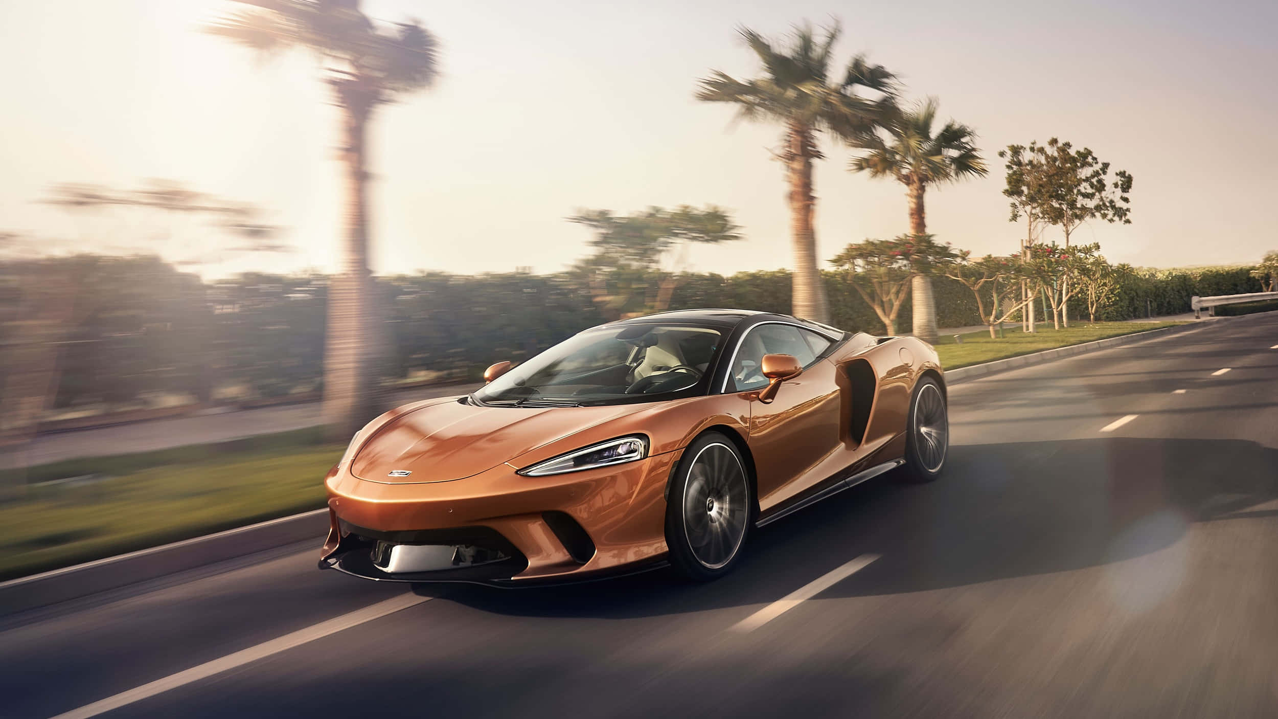 McLaren GT, copper, palm-lined road, Full HD Desktop Wallpaper