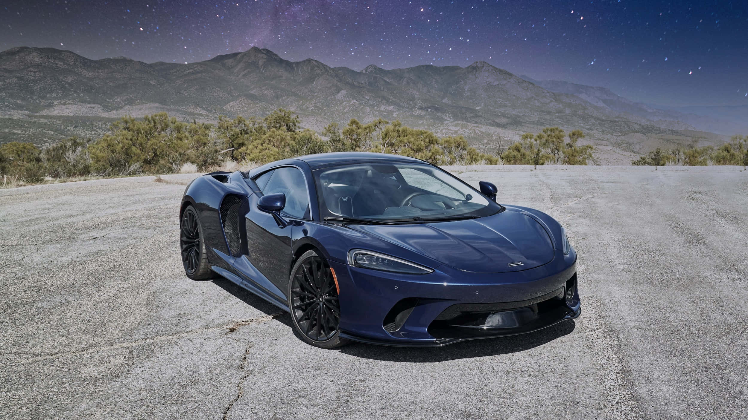McLaren GT, blue, starry night sky, Full HD Desktop Wallpaper