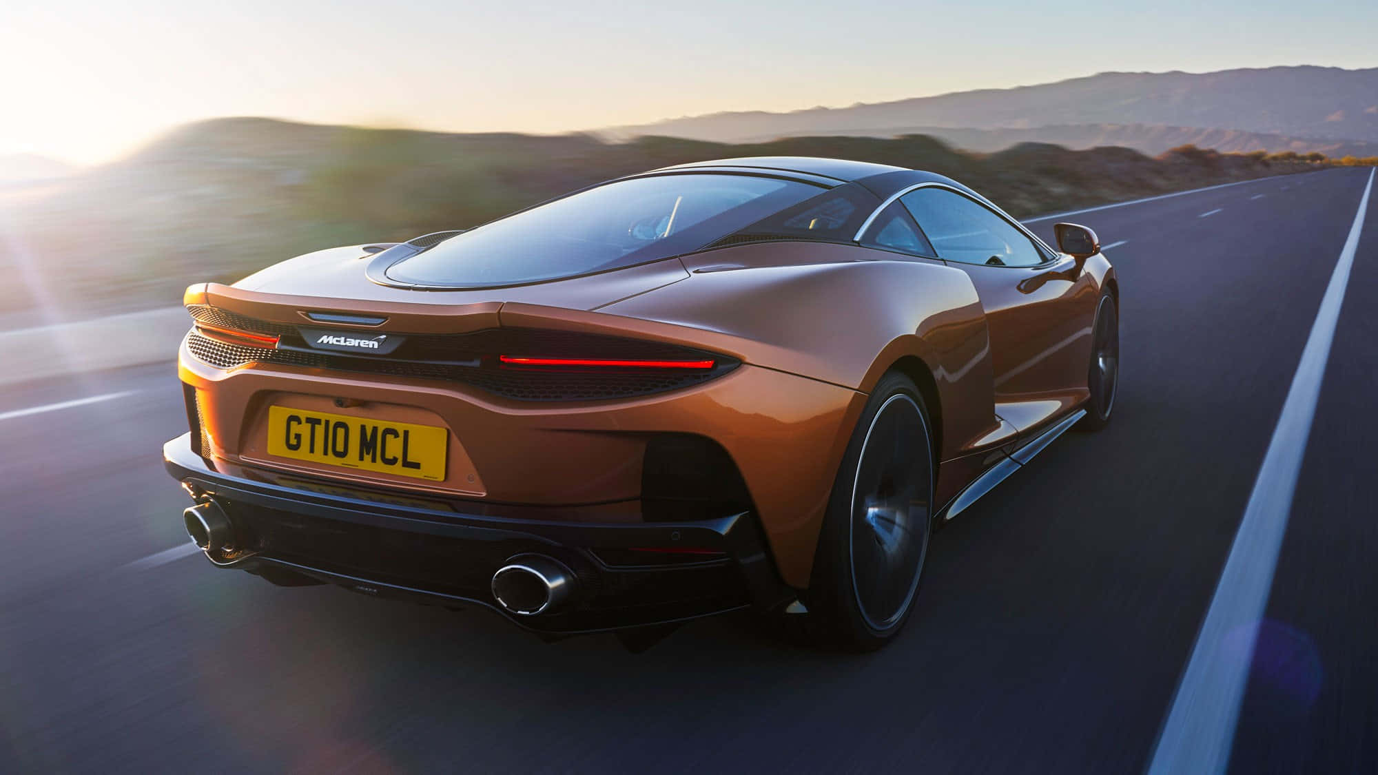 McLaren GT, copper, desert highway, Full HD Desktop Wallpaper