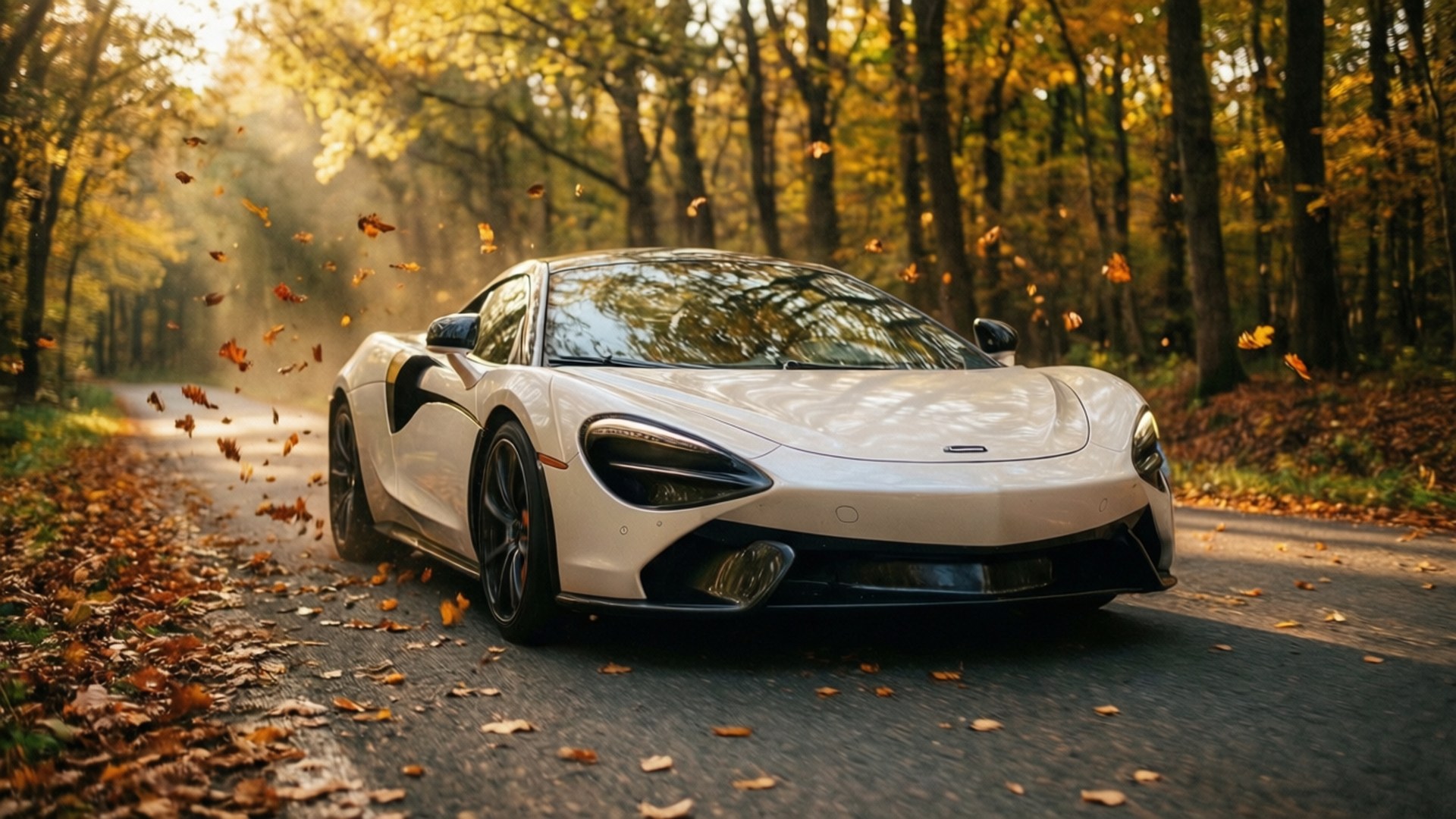 McLaren GT, white, golden autumn forest, Full HD Desktop Wallpaper