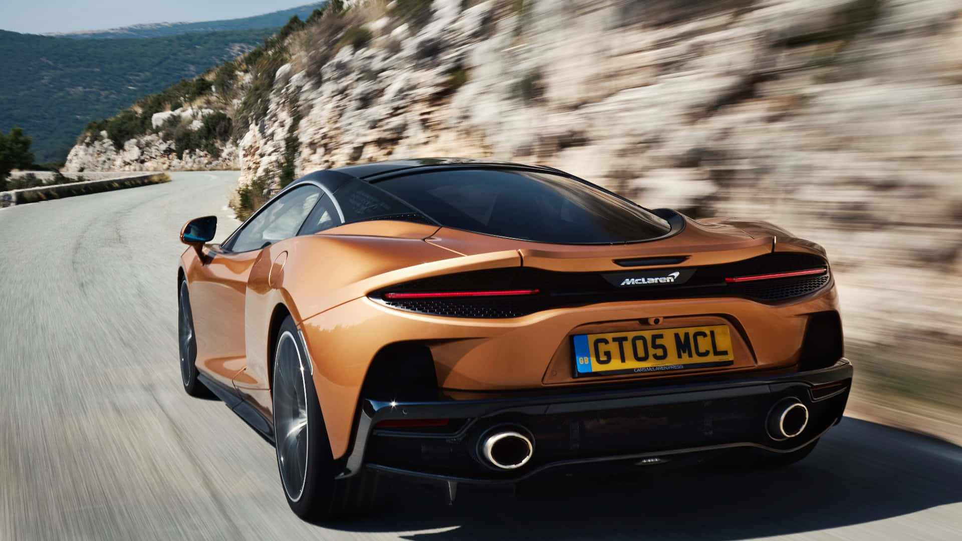McLaren GT, copper, winding mountain road, Full HD Desktop Wallpaper