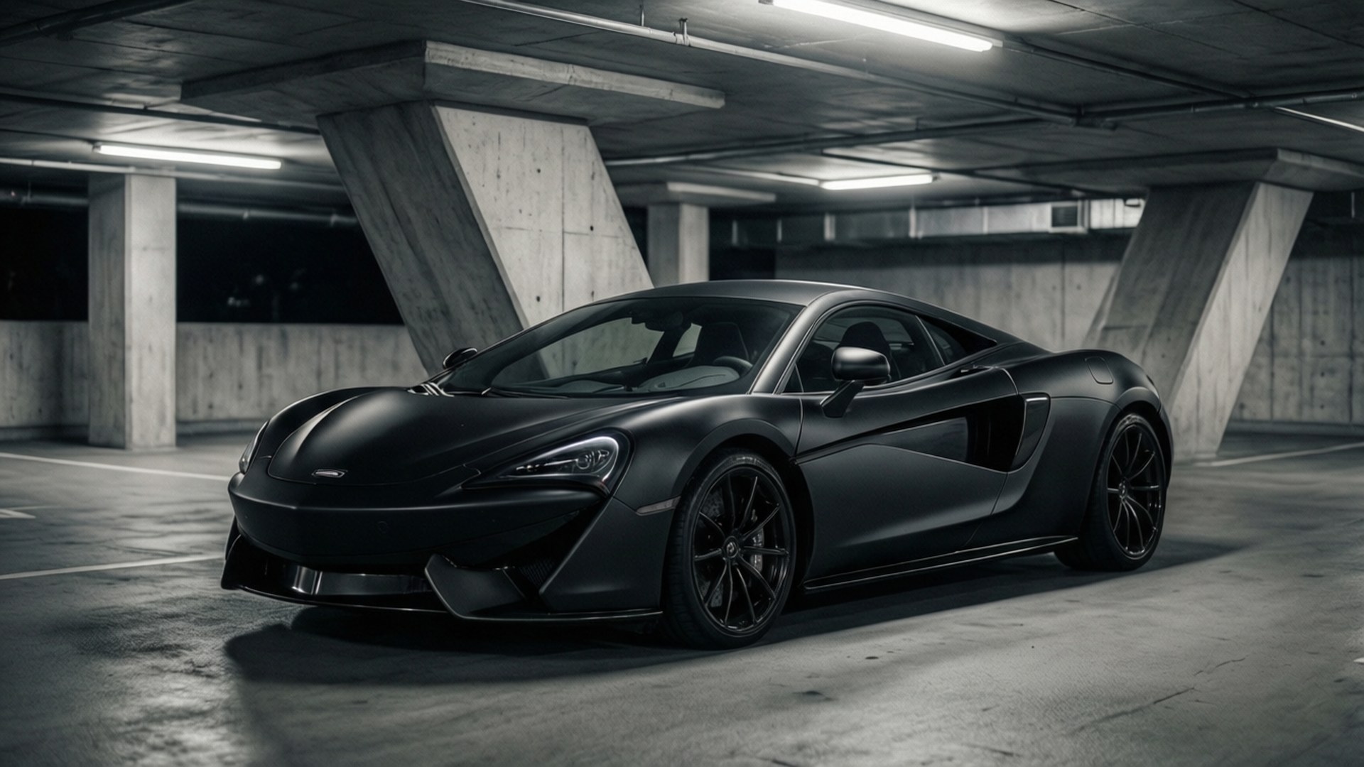 Matte black, McLaren GT, underground garage, Full HD Desktop Wallpaper