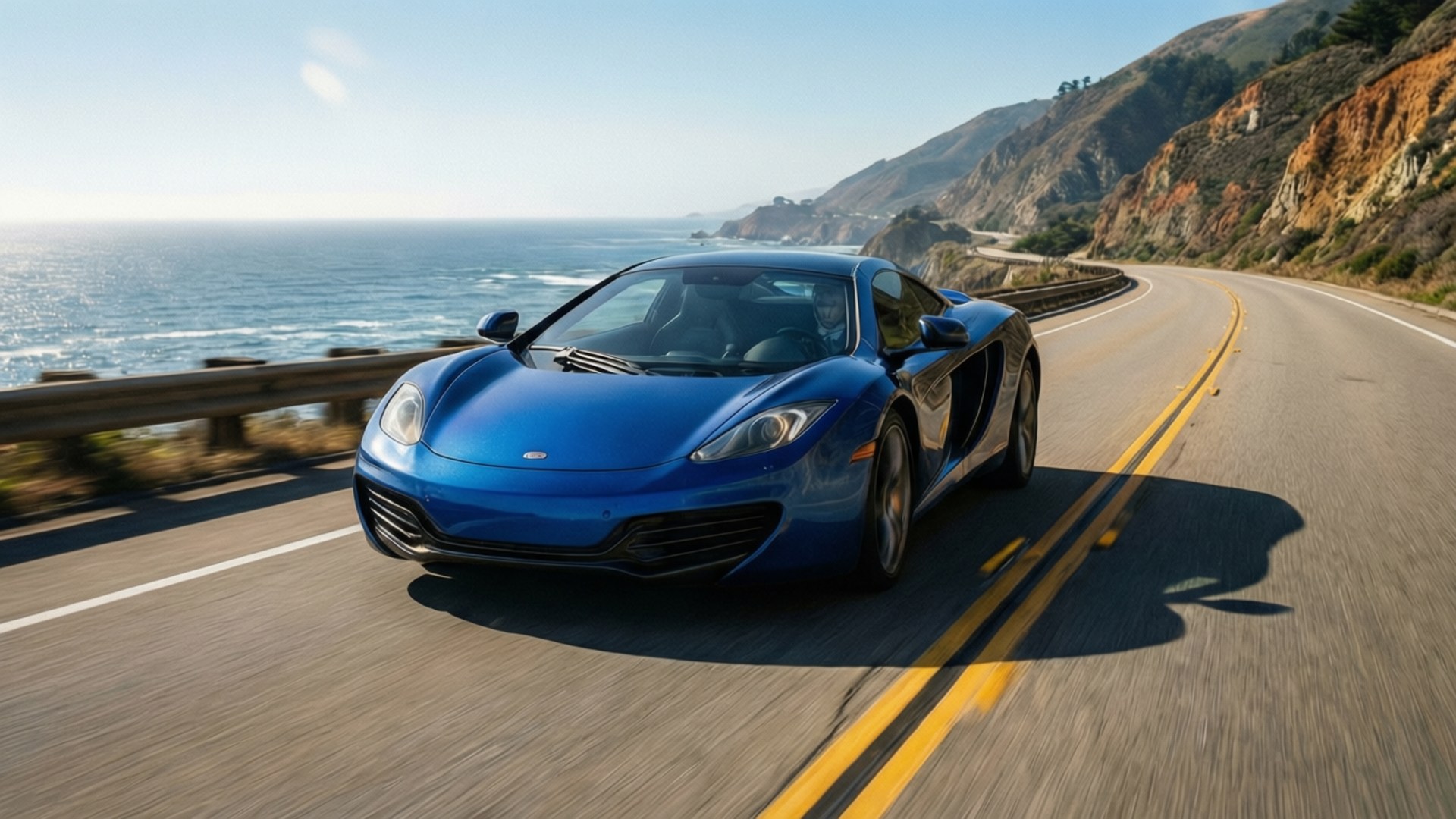 McLaren MP4-12C, coastal highway, bright sun, Full HD Desktop Wallpaper