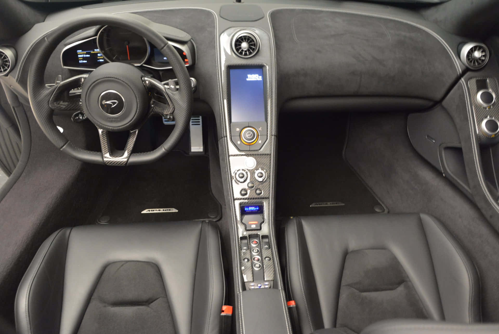 McLaren MP4-12C, black leather seats, carbon fiber accents, Full HD Desktop Wallpaper
