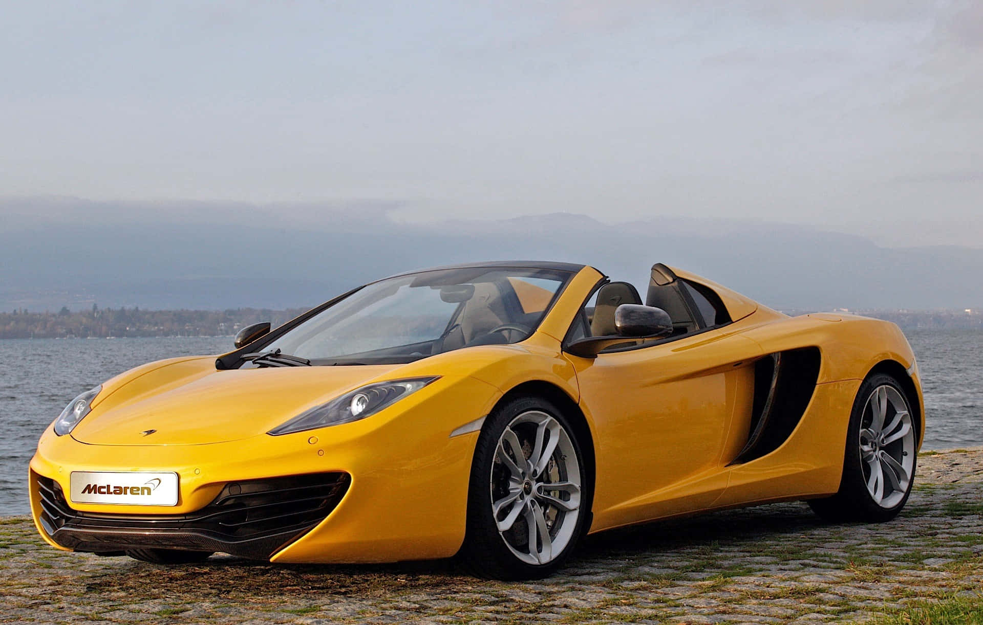 McLaren MP4-12C, silver, cobblestone shore, Full HD Desktop Wallpaper