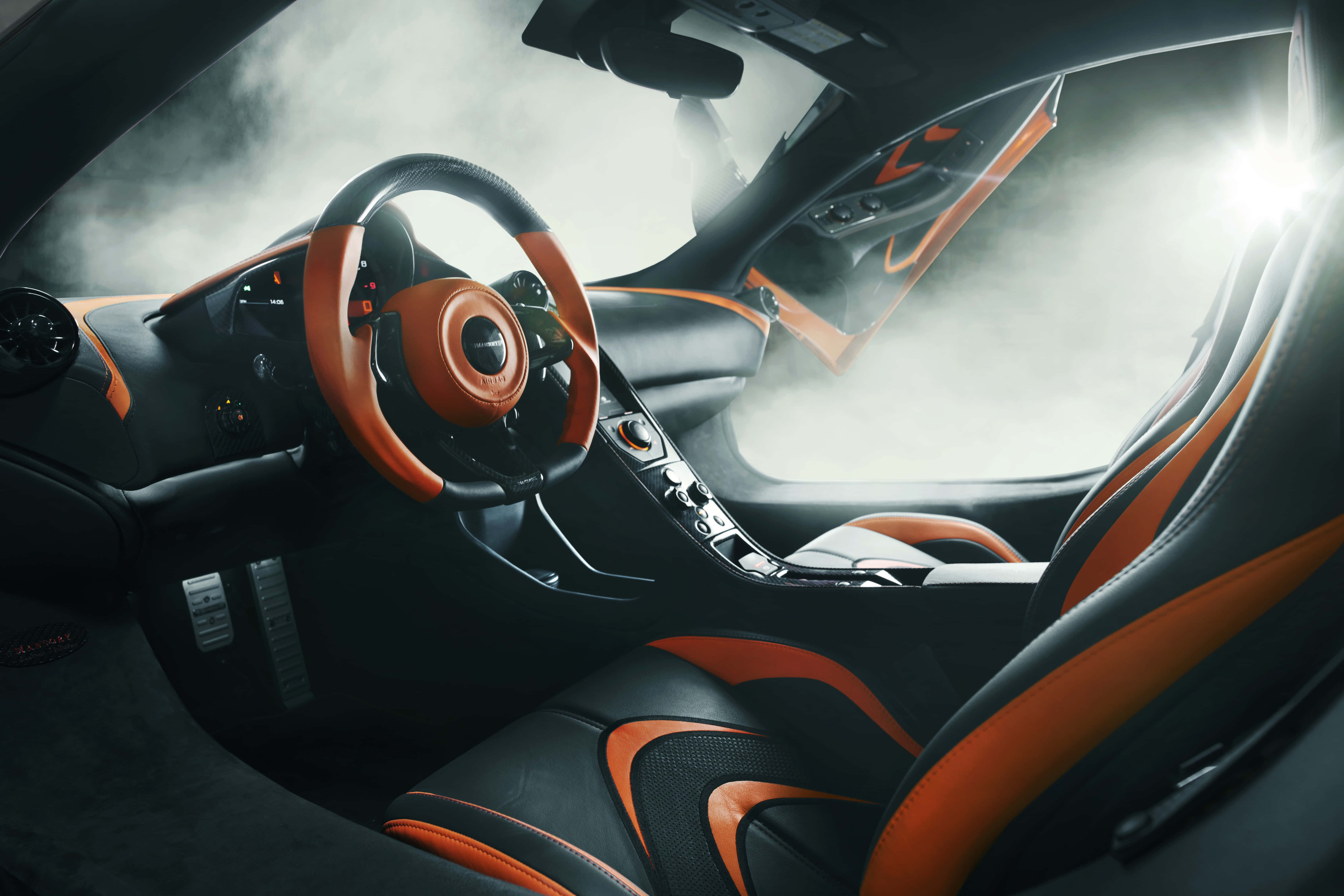 McLaren MP4-12C, black and orange leather seats, steering wheel, 5K Desktop Wallpaper