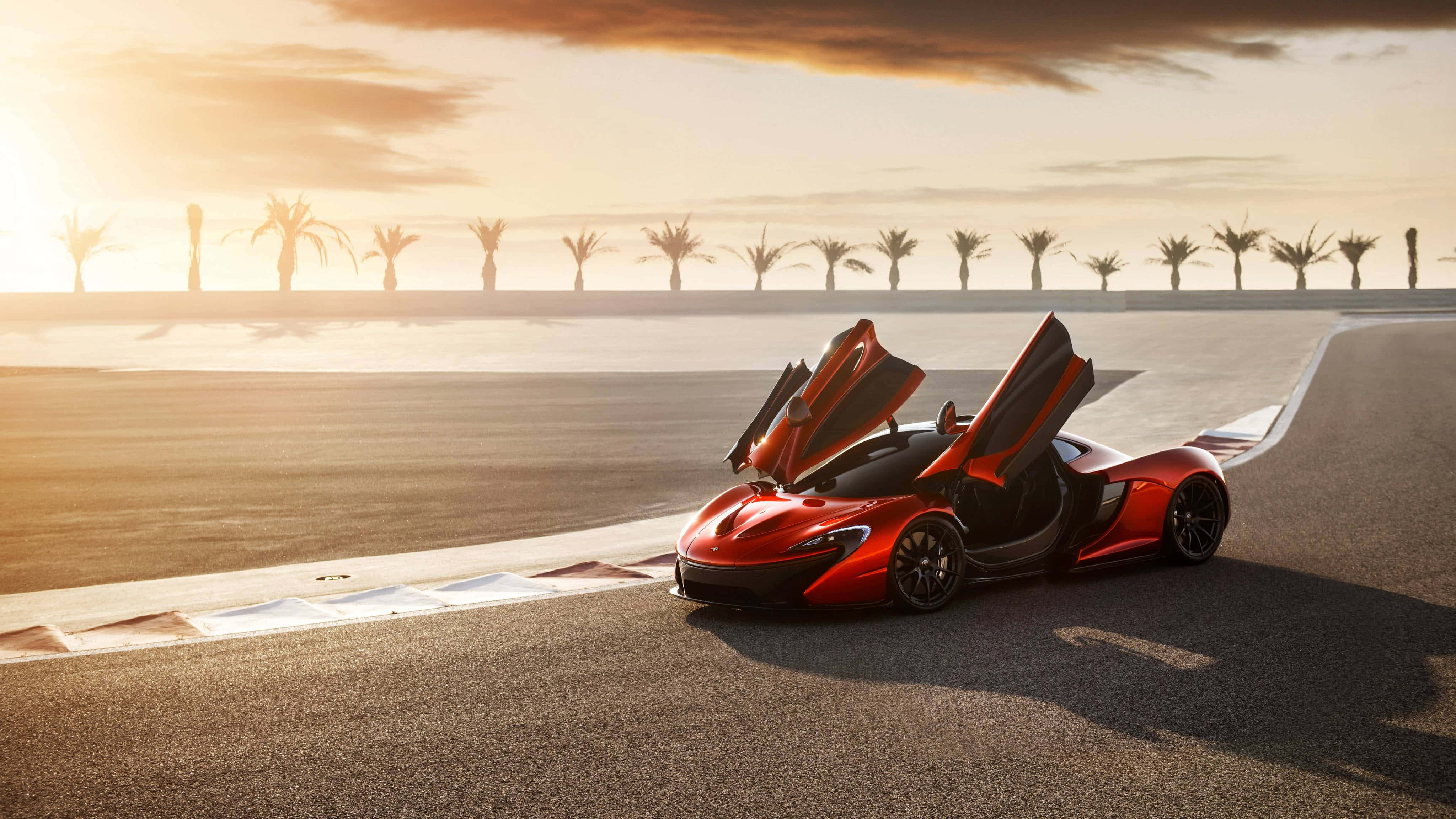 McLaren P1, red, sunset, 4K Desktop Wallpaper