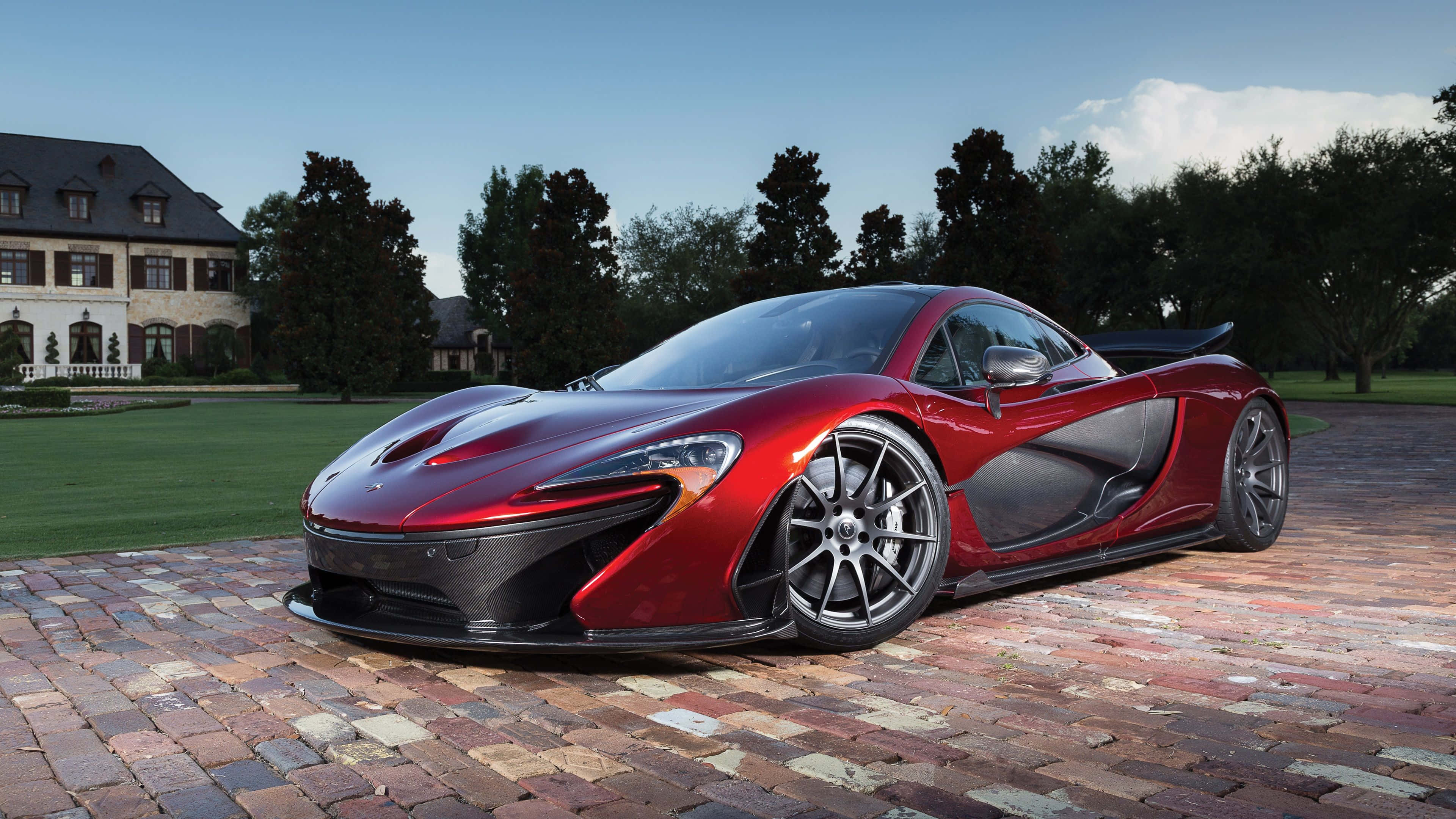 McLaren P1, glossy red, brick driveway, 4K Desktop Wallpaper