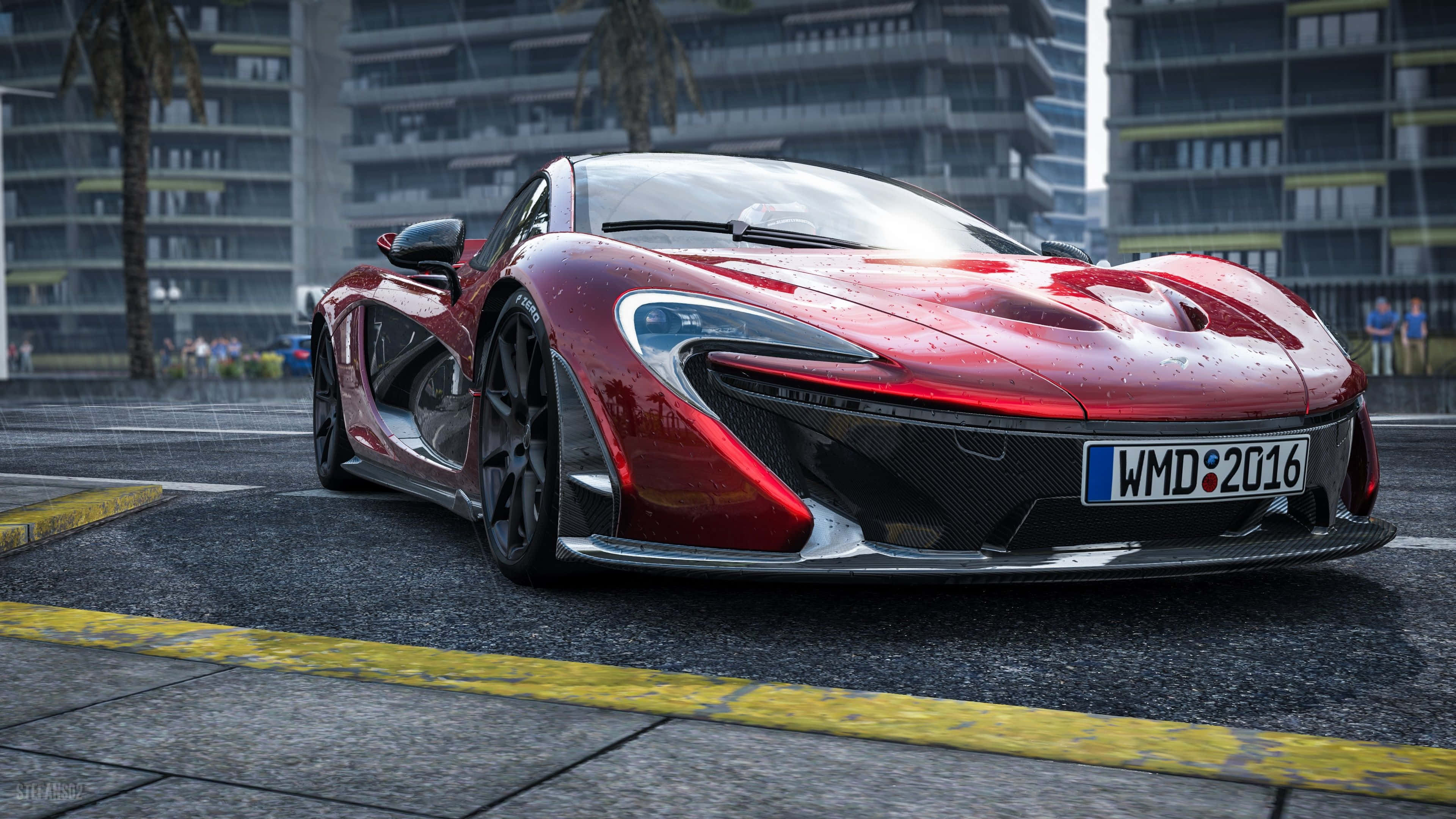 McLaren P1, glossy red, wet city street, 4K Desktop Wallpaper
