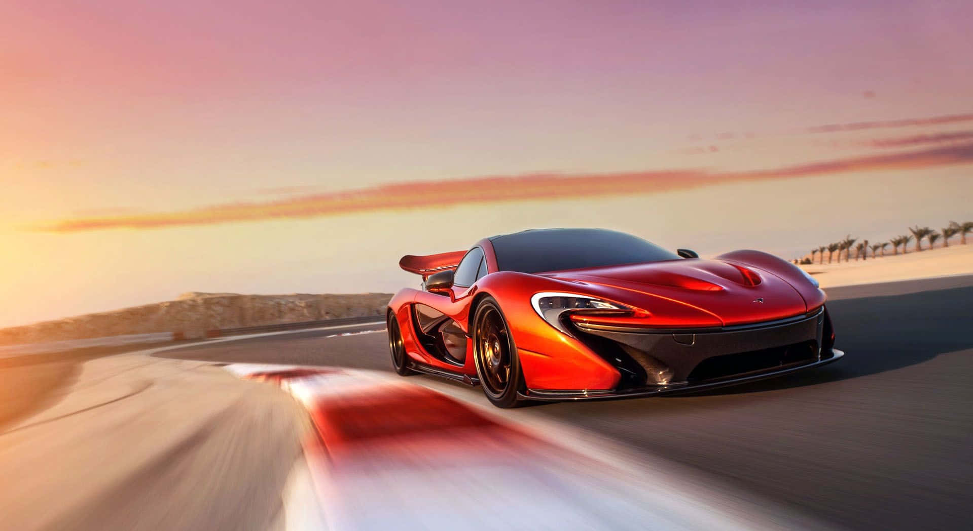 McLaren P1, vibrant red, coastal road, HD Desktop Wallpaper