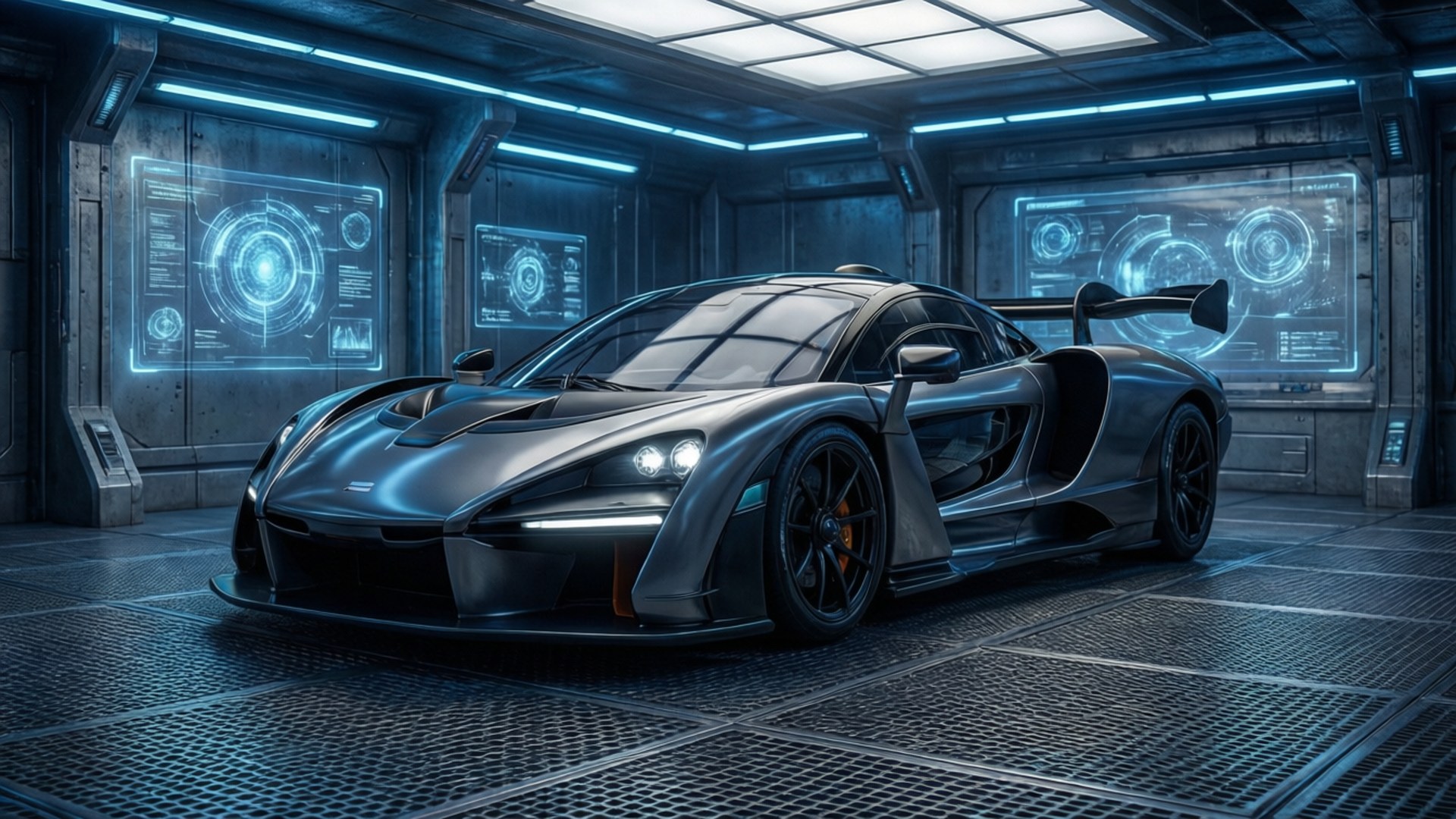 McLaren Senna, futuristic garage, high-tech, Full HD Desktop Wallpaper