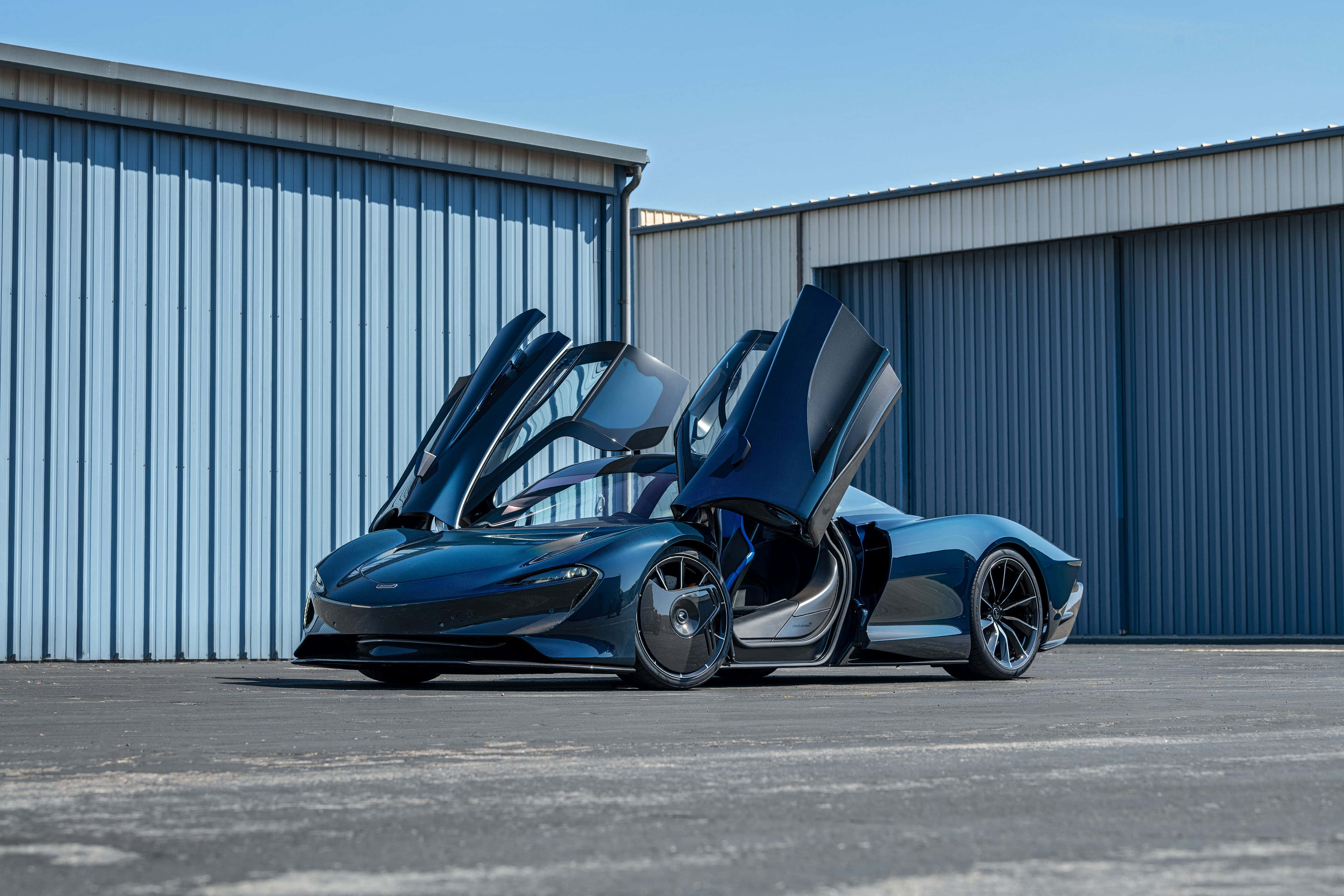 McLaren Speedtail, gullwing doors, industrial metal warehouses, 4K Desktop Wallpaper