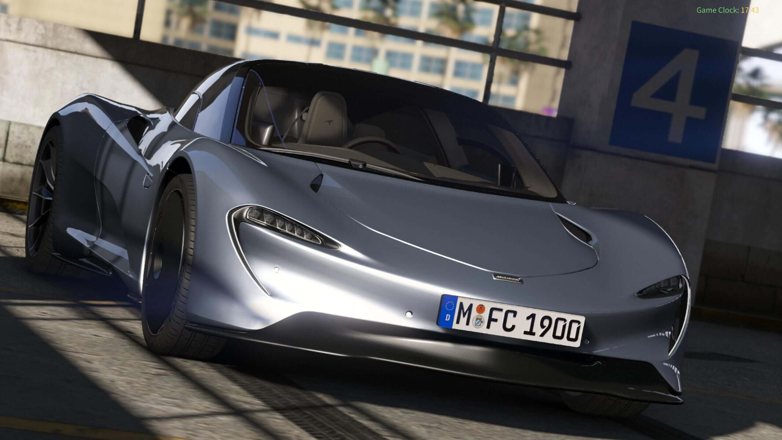 McLaren Speedtail, silver, sunlit urban garage, 2K Desktop Wallpaper