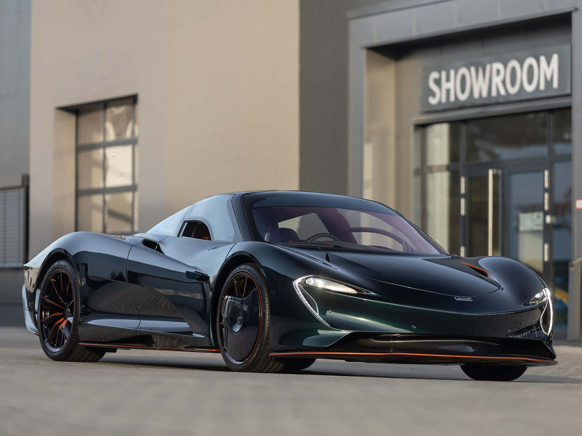 McLaren Speedtail, dark green, orange accents, Full HD Desktop Wallpaper