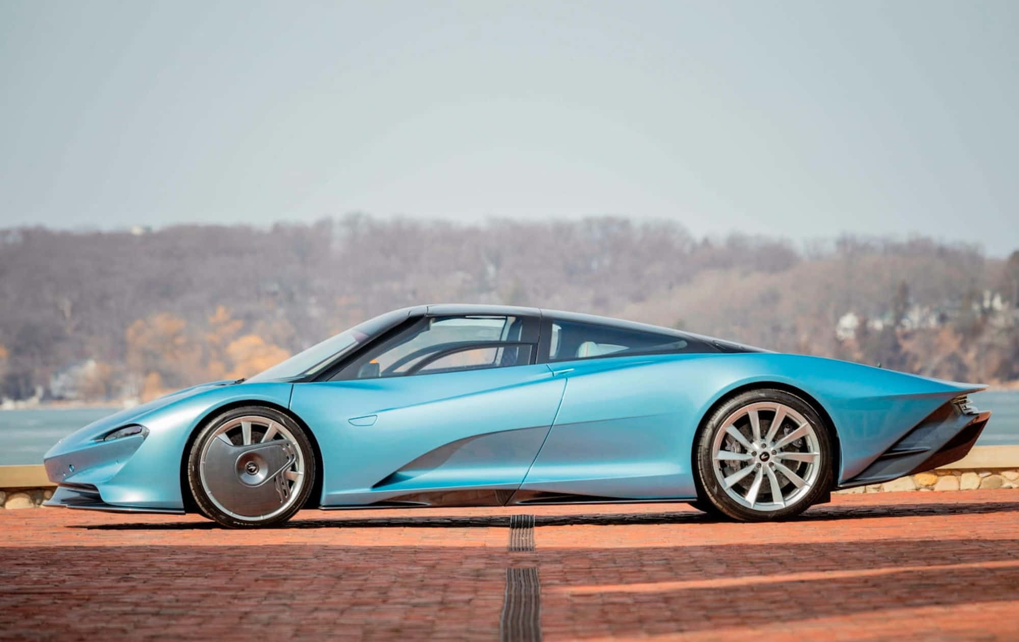McLaren Speedtail, light blue, brick road, Full HD Desktop Wallpaper