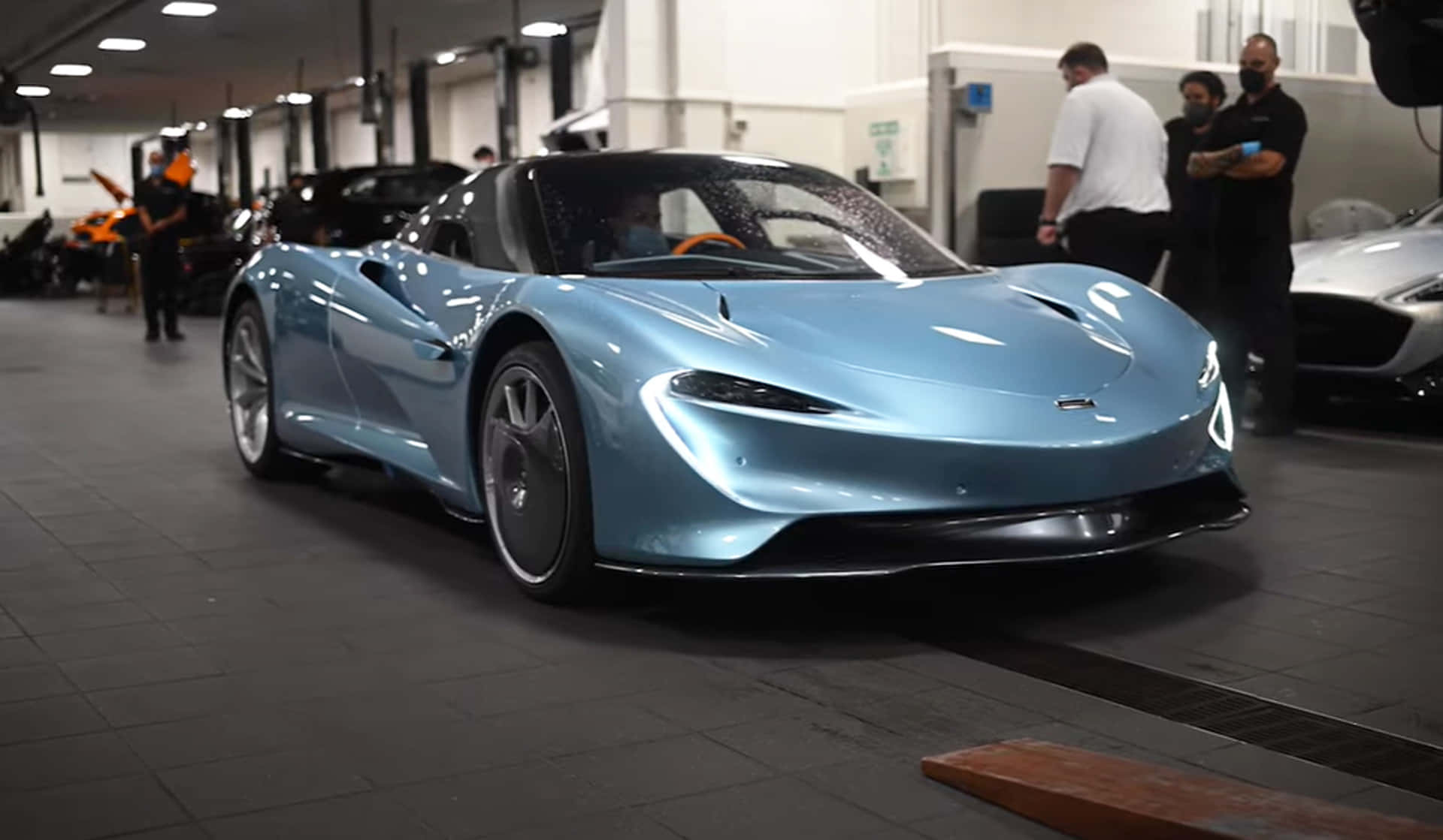 McLaren Speedtail, light blue, garage lights, Full HD Desktop Wallpaper
