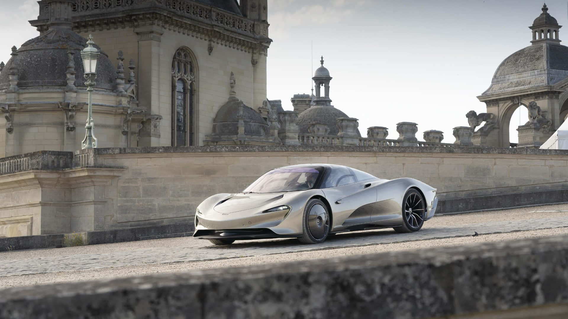 McLaren Speedtail, silver, cobblestone path, Full HD Desktop Wallpaper