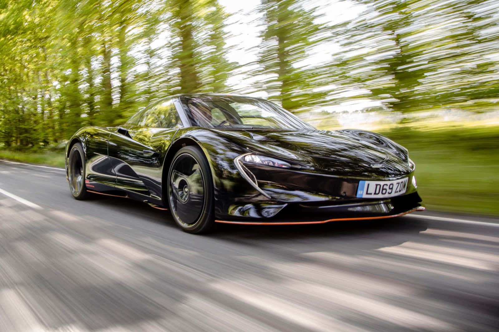 McLaren Speedtail, black, forest-lined road, HD Desktop Wallpaper