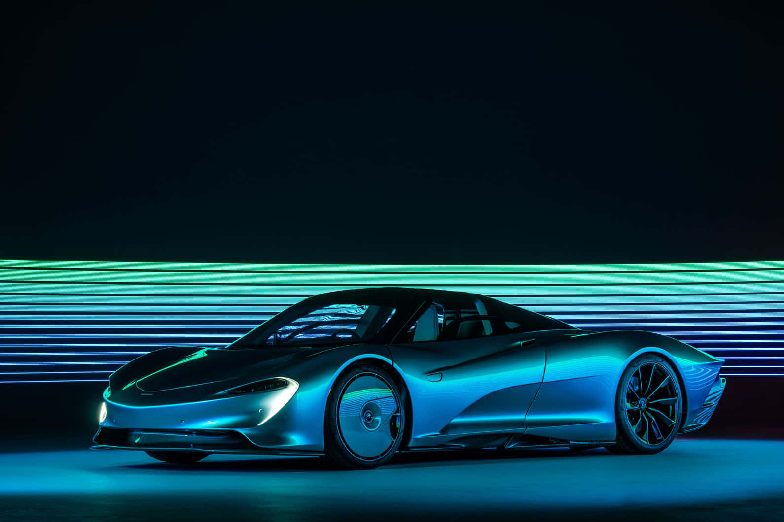 McLaren Speedtail, blue neon, glowing green striped wall, HD Desktop Wallpaper