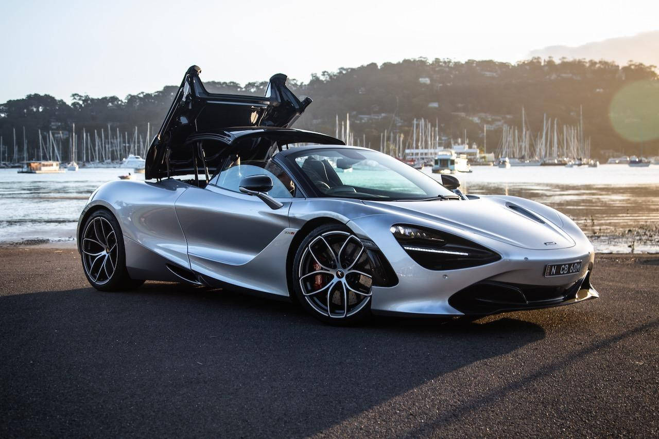 Metallic Silver McLaren Spyder, waterfront road, sailboats, HD Desktop Wallpaper
