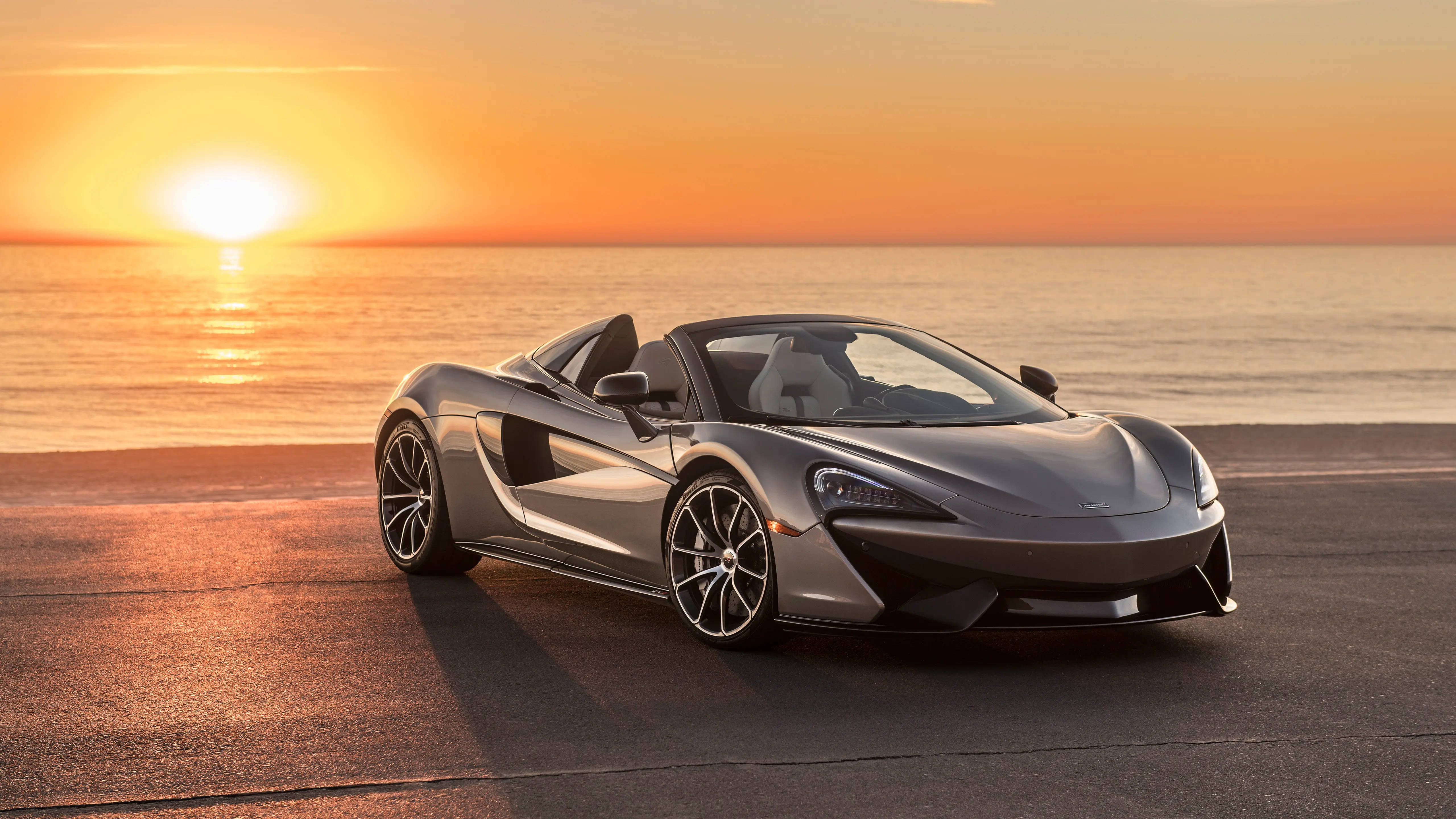 McLaren Spyder, silver, seaside road, 5K Desktop Wallpaper