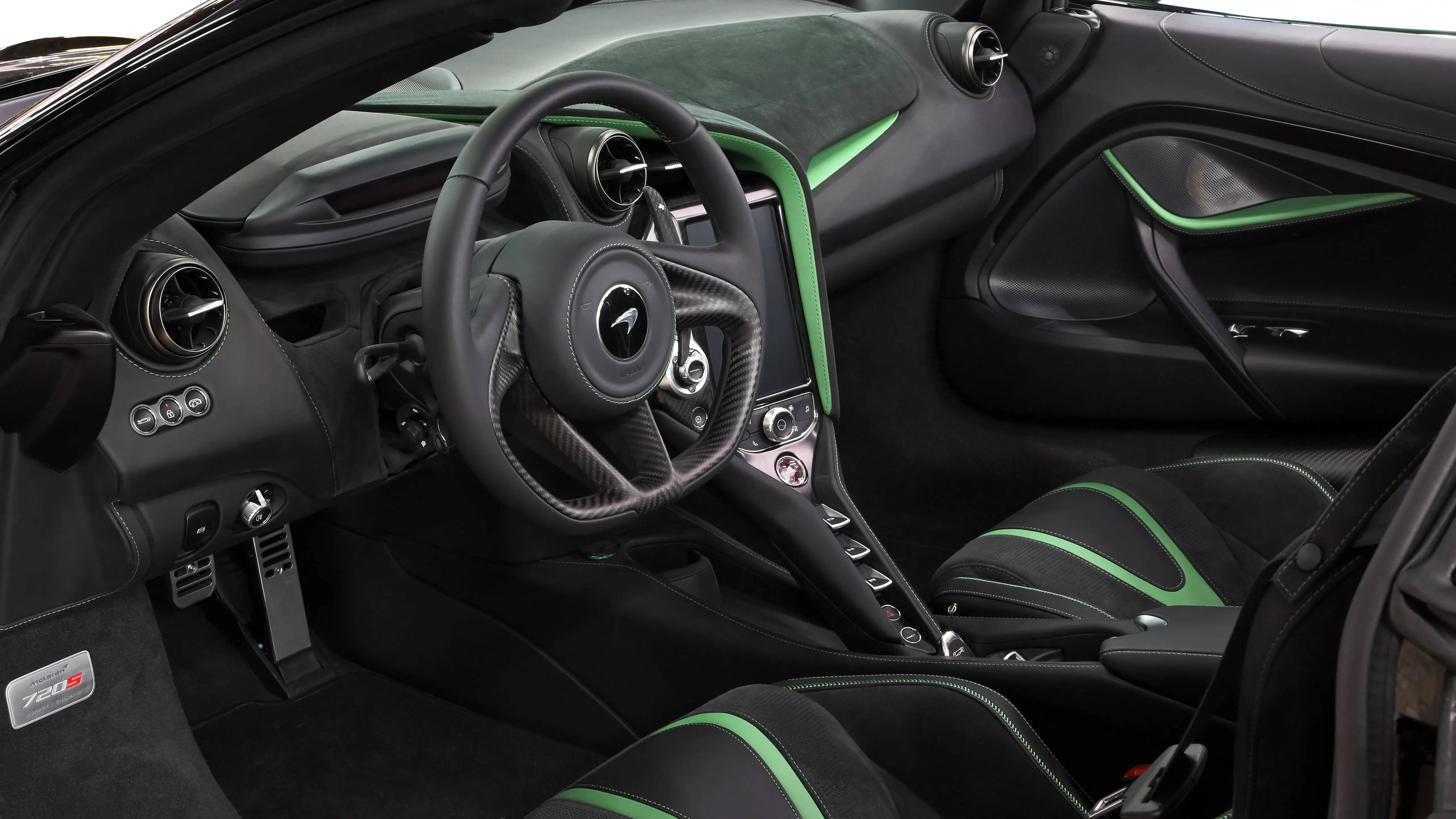 McLaren Spyder, black leather, vibrant green accents, 5K Desktop Wallpaper