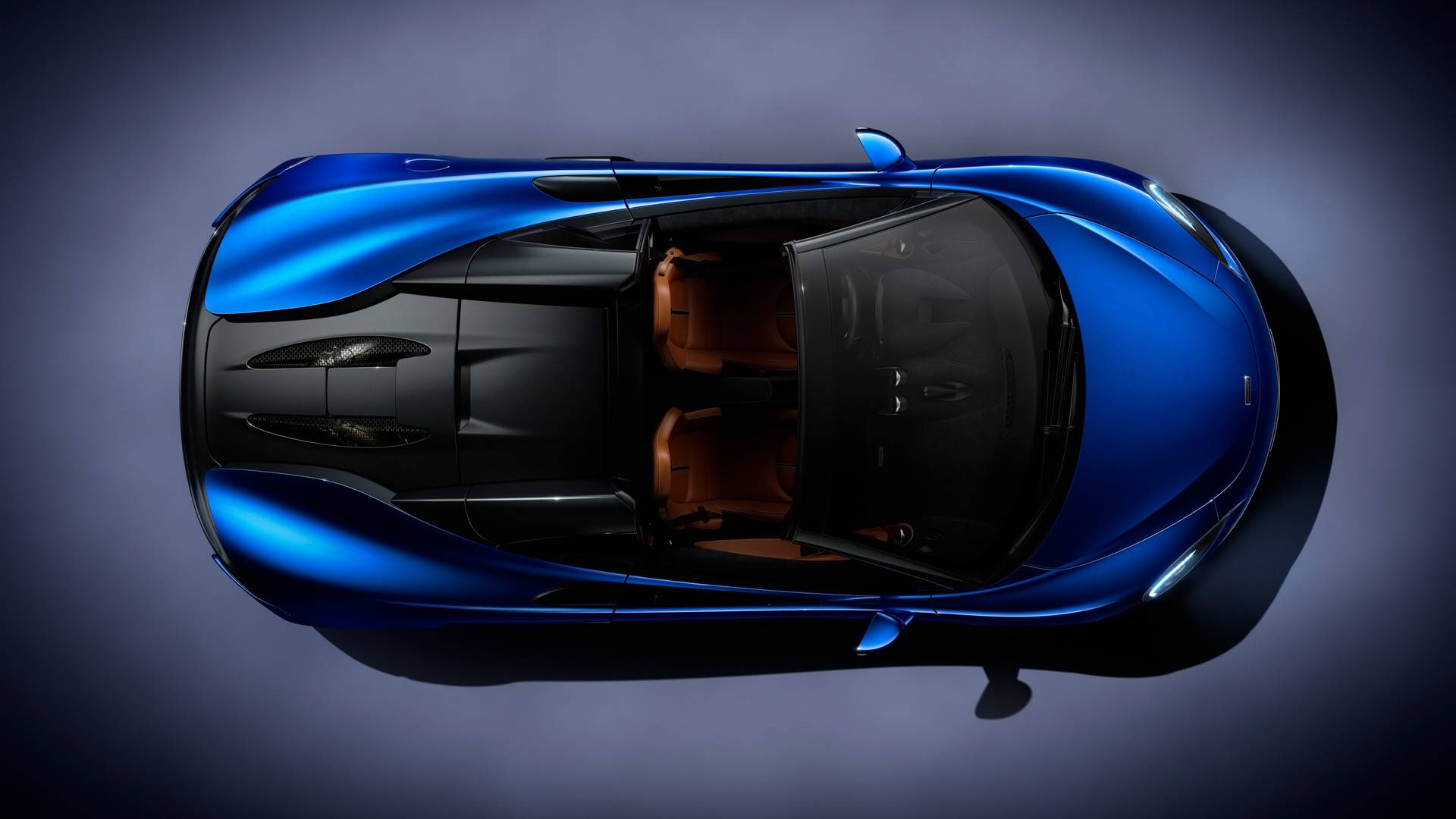 blue McLaren Spyder, black roof, tan interior, Full HD Desktop Wallpaper