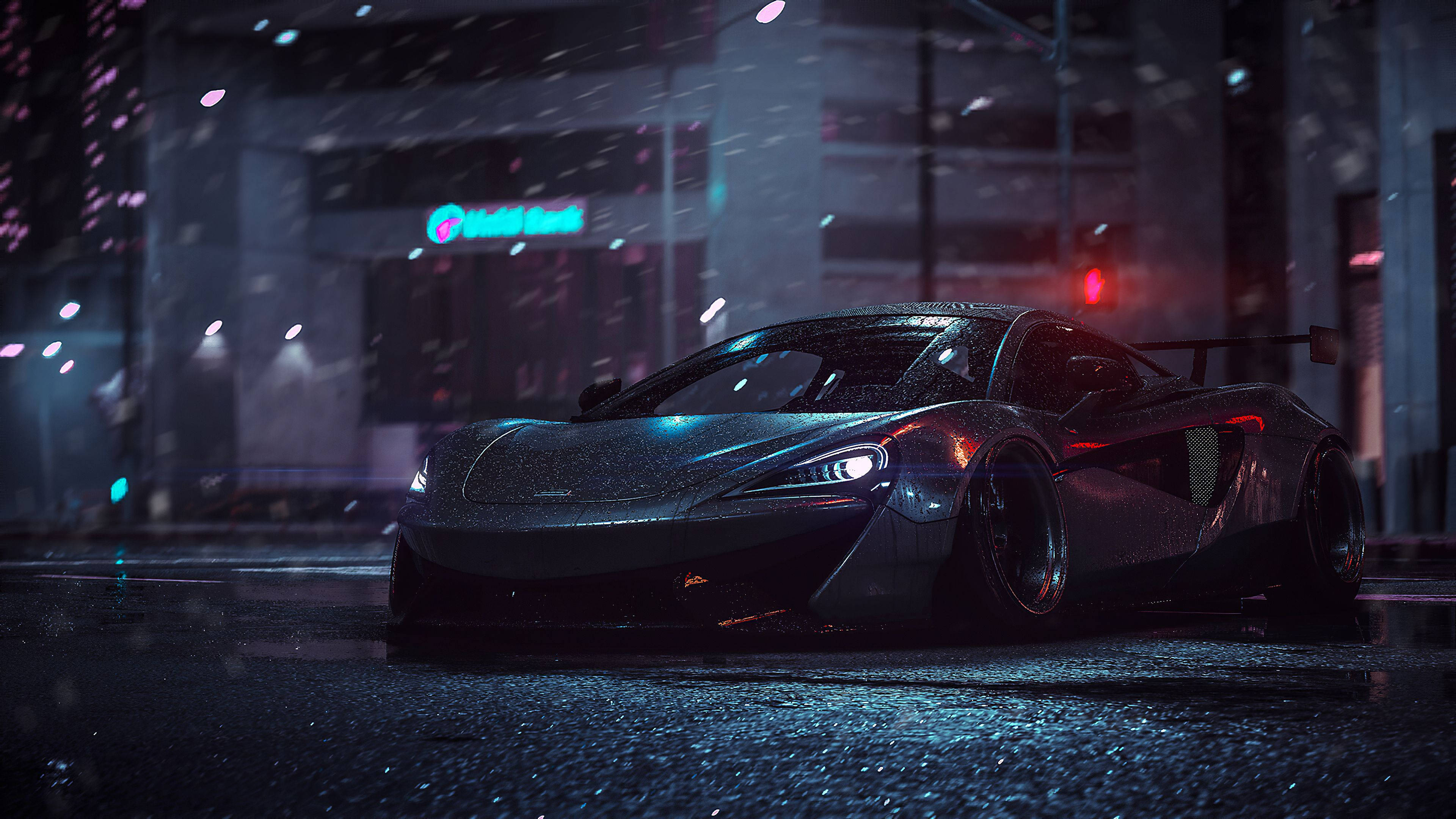 McLaren Spyder, neon-lit city street, night, 4K Desktop Wallpaper
