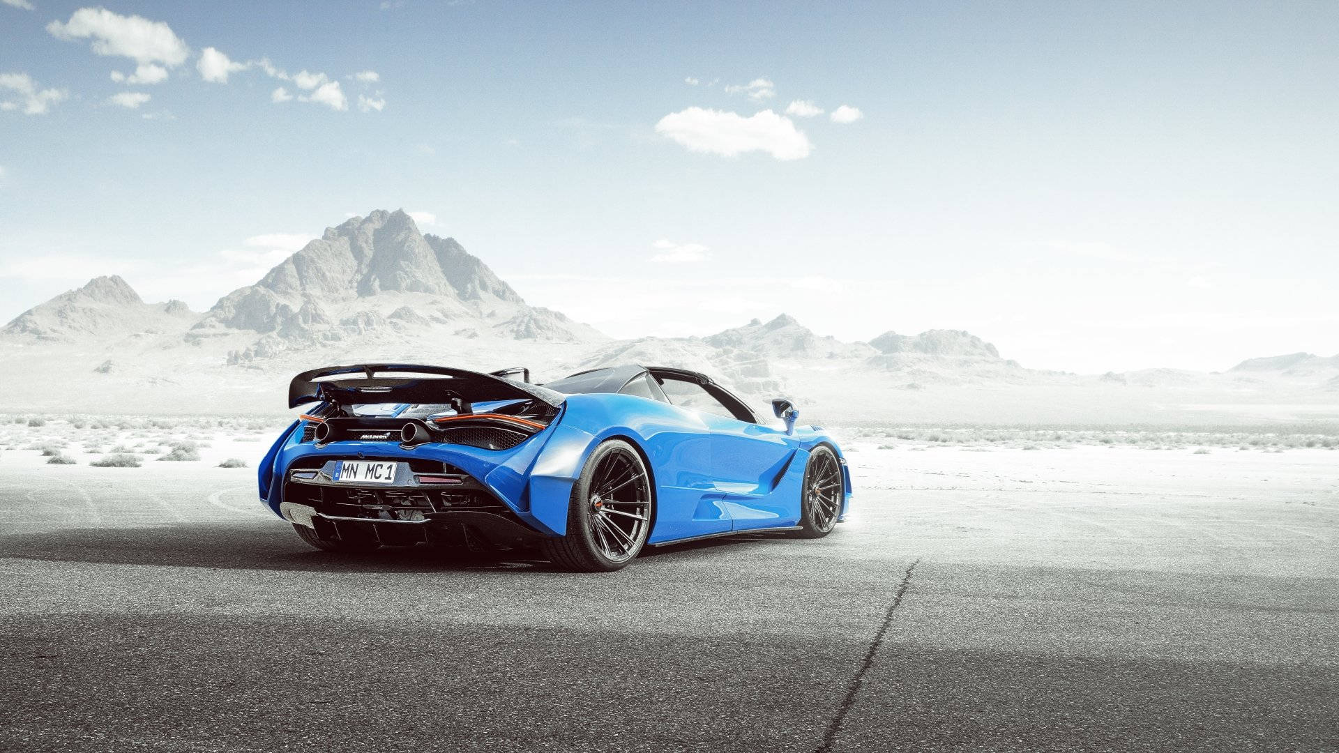 Blue McLaren Spyder, desert road, snow-capped mountains, Full HD Desktop Wallpaper
