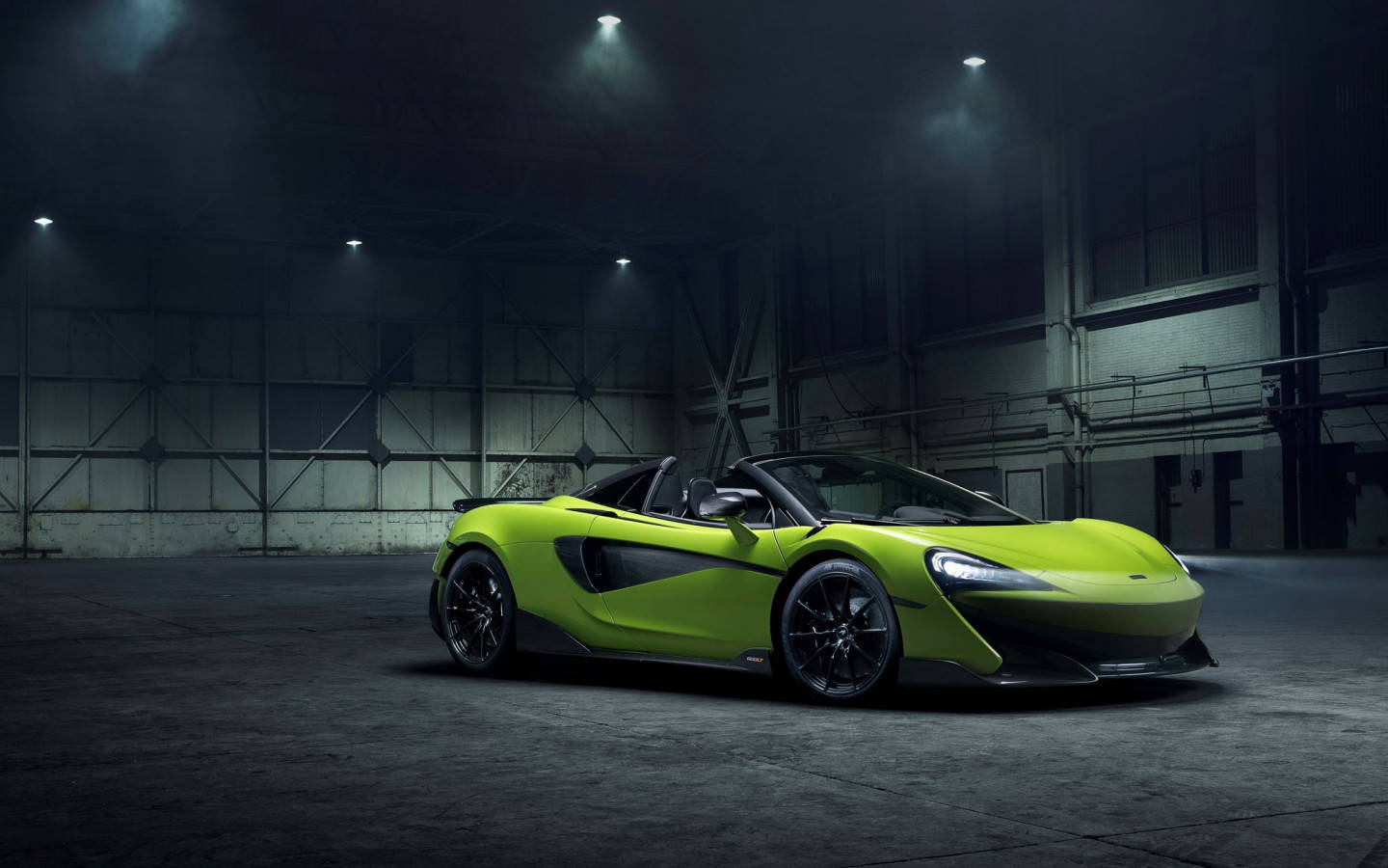 McLaren Spyder, vibrant lime green, harsh spotlights, HD Desktop Wallpaper