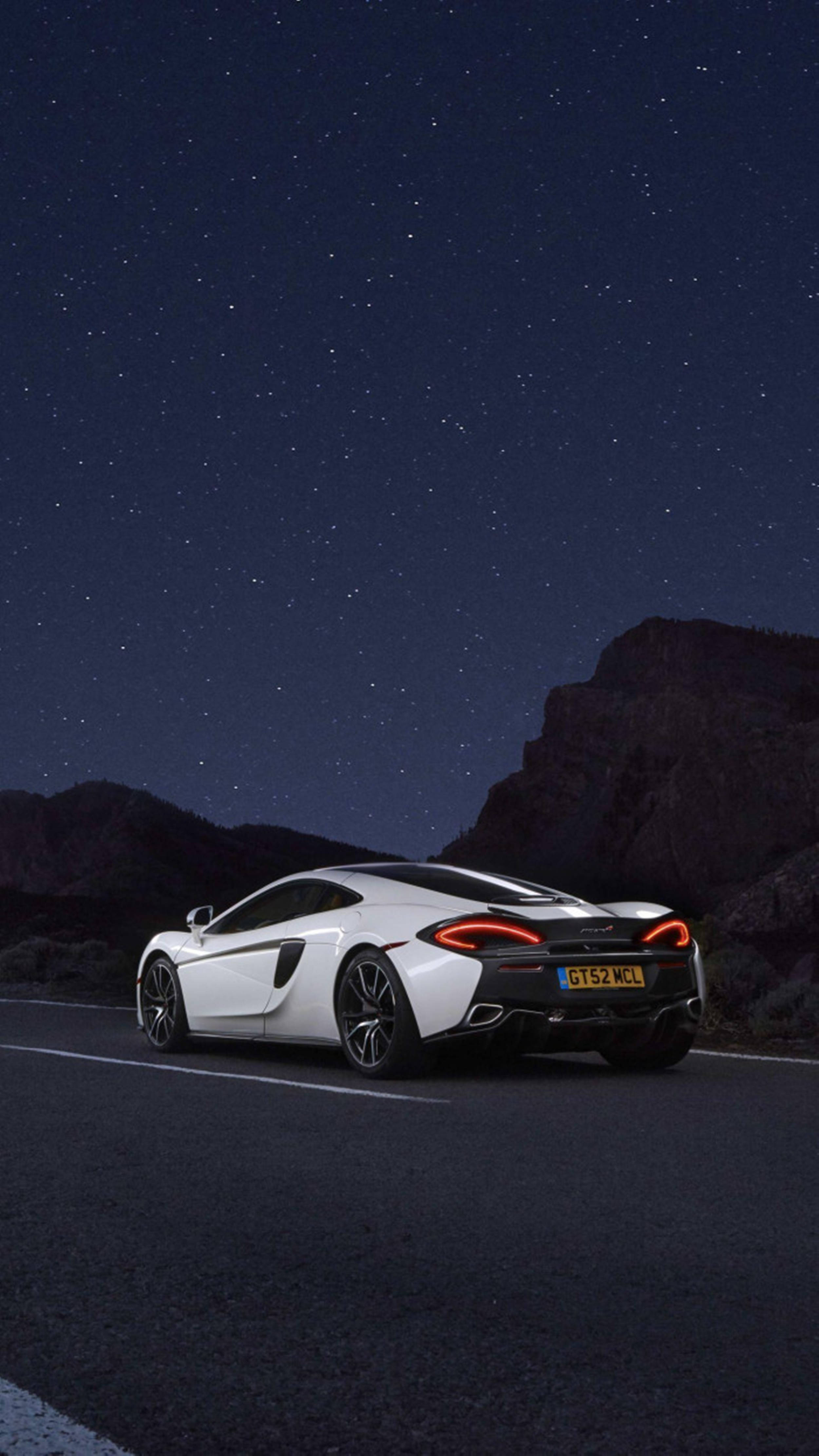 white mclaren, starry night sky, mountain road, 4K Phone Wallpaper