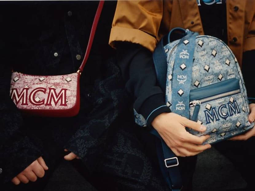 MCM, red glitter crossbody, blue denim backpack, SD Desktop Wallpaper