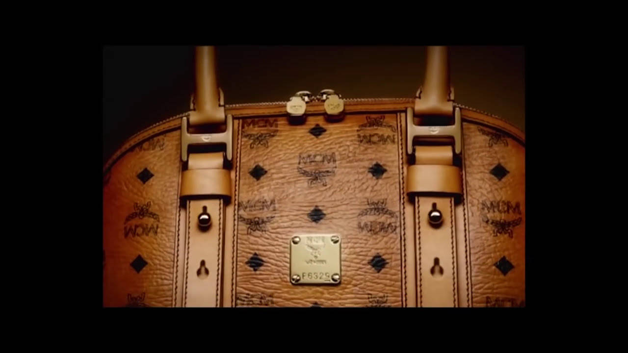 MCM, tan leather, repeating logo pattern, HD Desktop Wallpaper