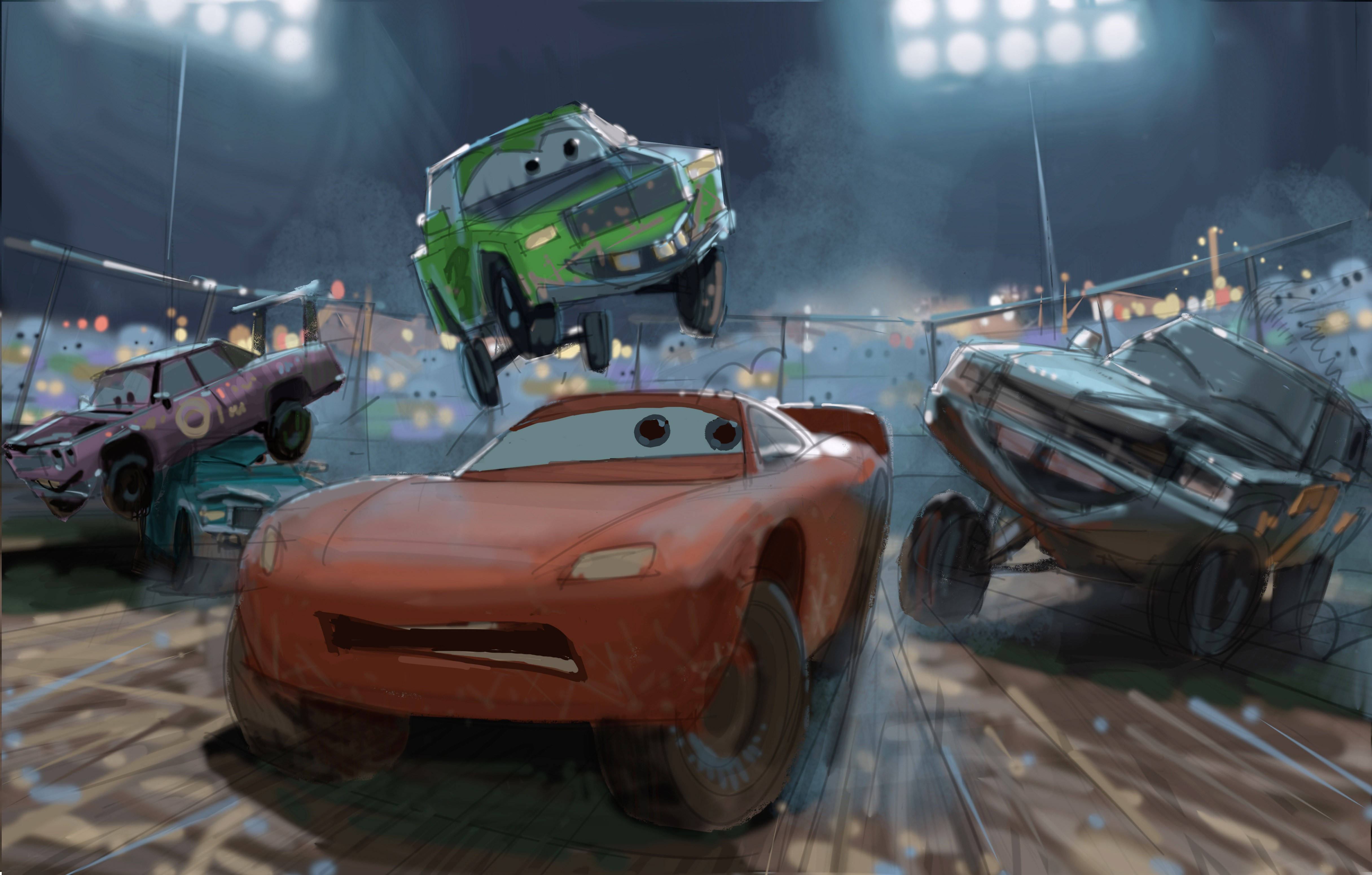 Lightning McQueen, race track, stadium lights, 4K Desktop Wallpaper