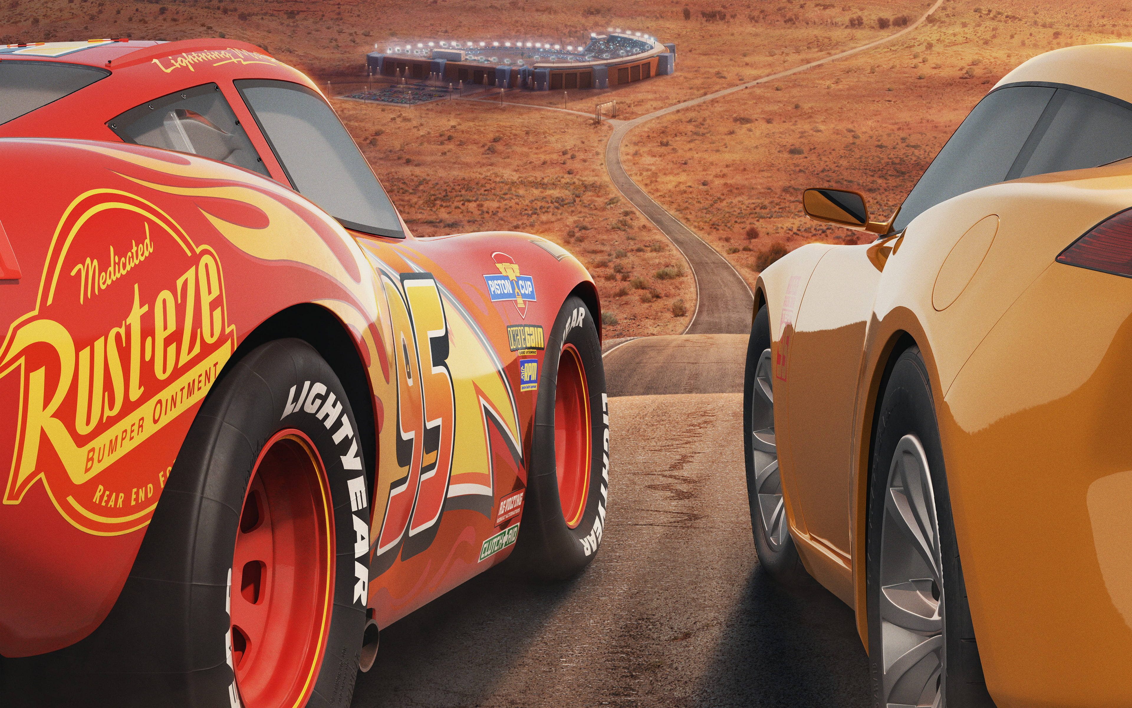 Lightning McQueen, winding road, desert track, 4K Desktop Wallpaper