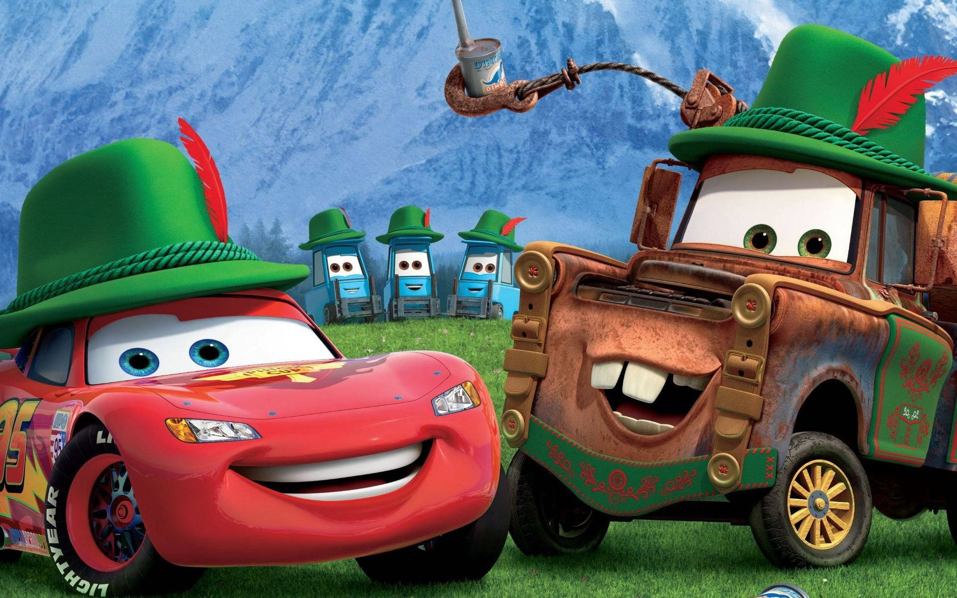 Lightning McQueen, green hat, red race car, Full HD Desktop Wallpaper