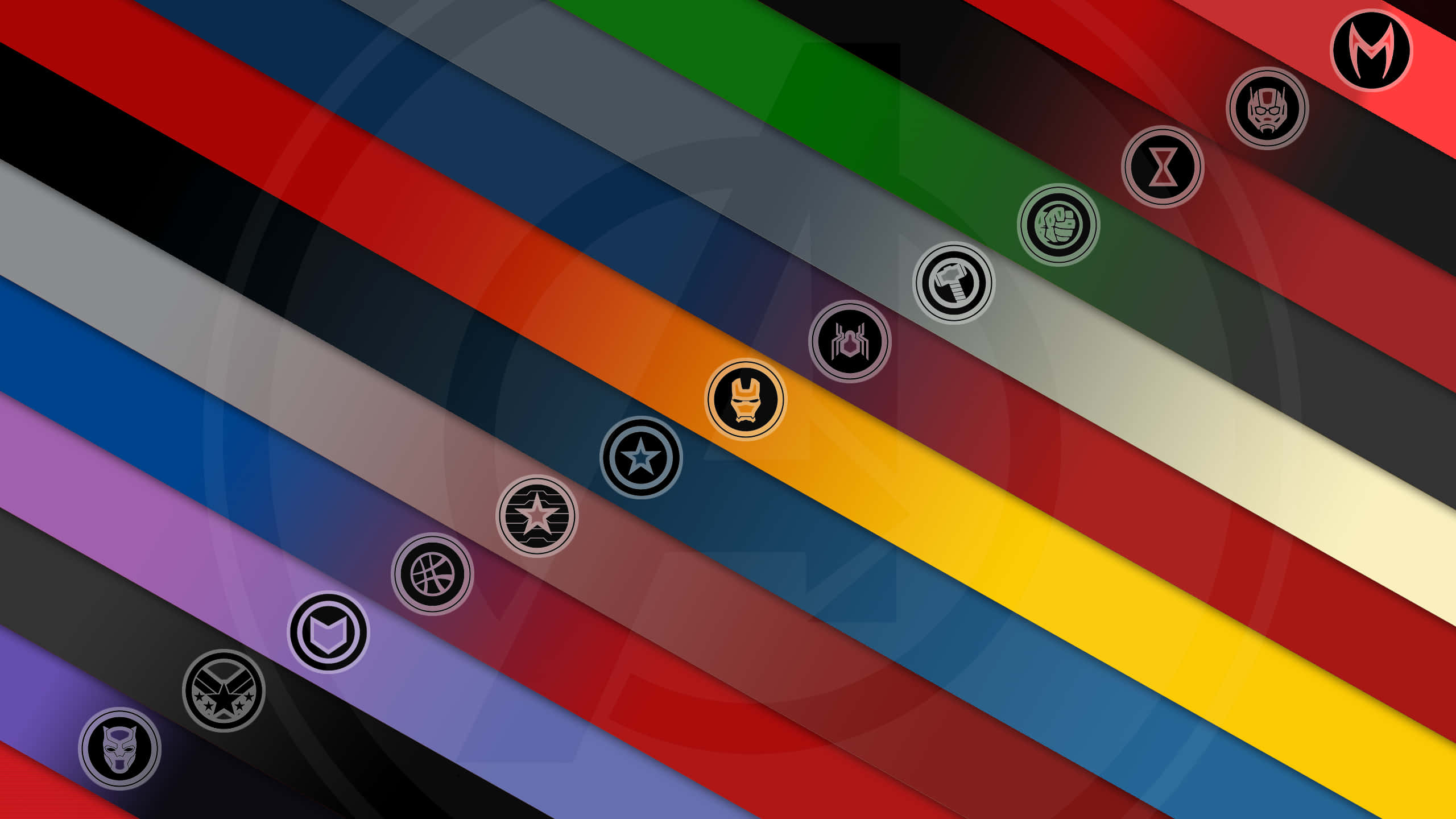 MCU, superhero logos, diagonal stripes, 2K Desktop Wallpaper
