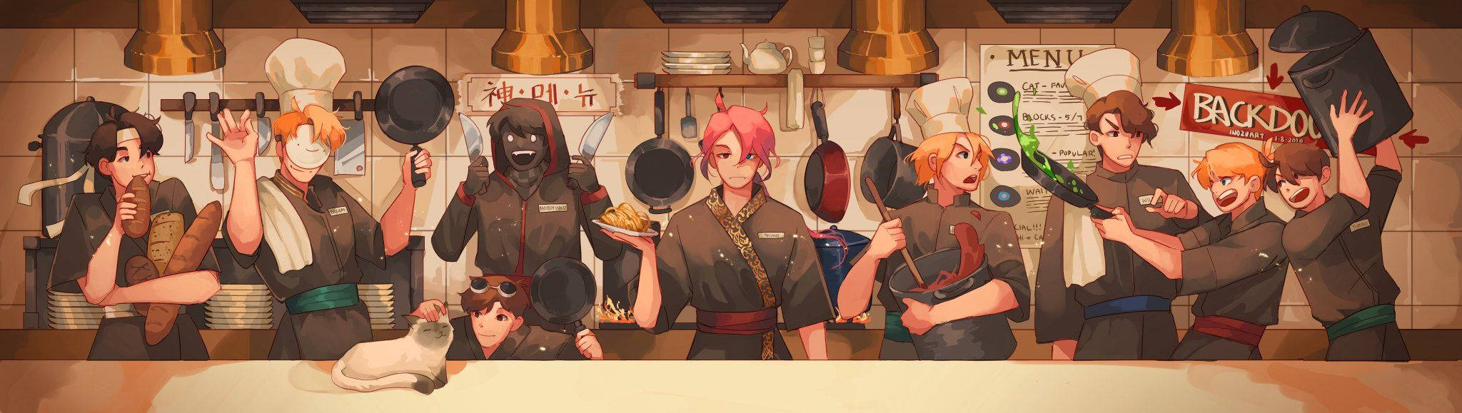 Mcyt, anime kitchen scene, chefs in uniforms, Full HD Desktop Wallpaper