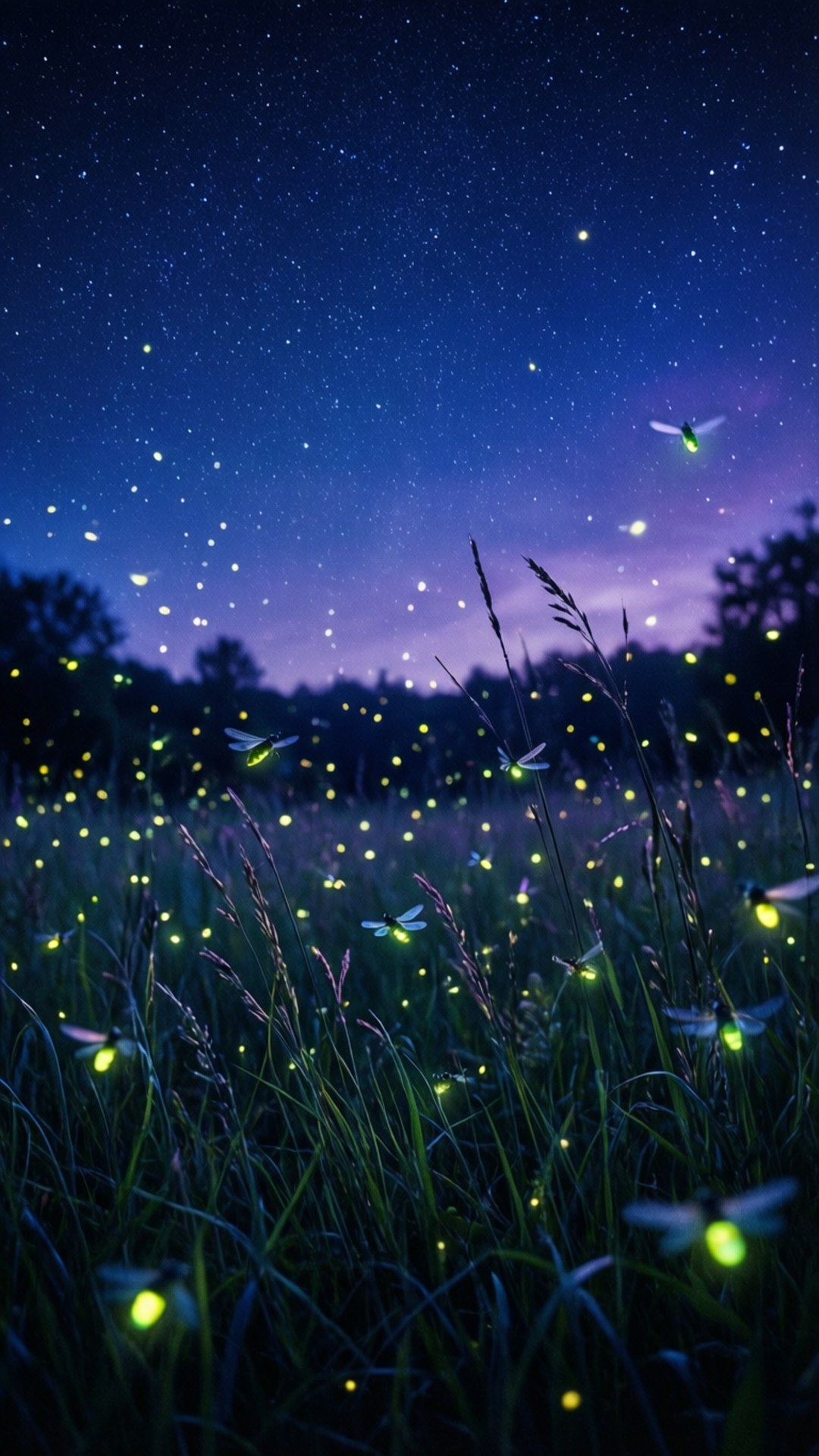 Starry Night Meadow, starry twilight sky, glowing fireflies, Full HD Phone Wallpaper